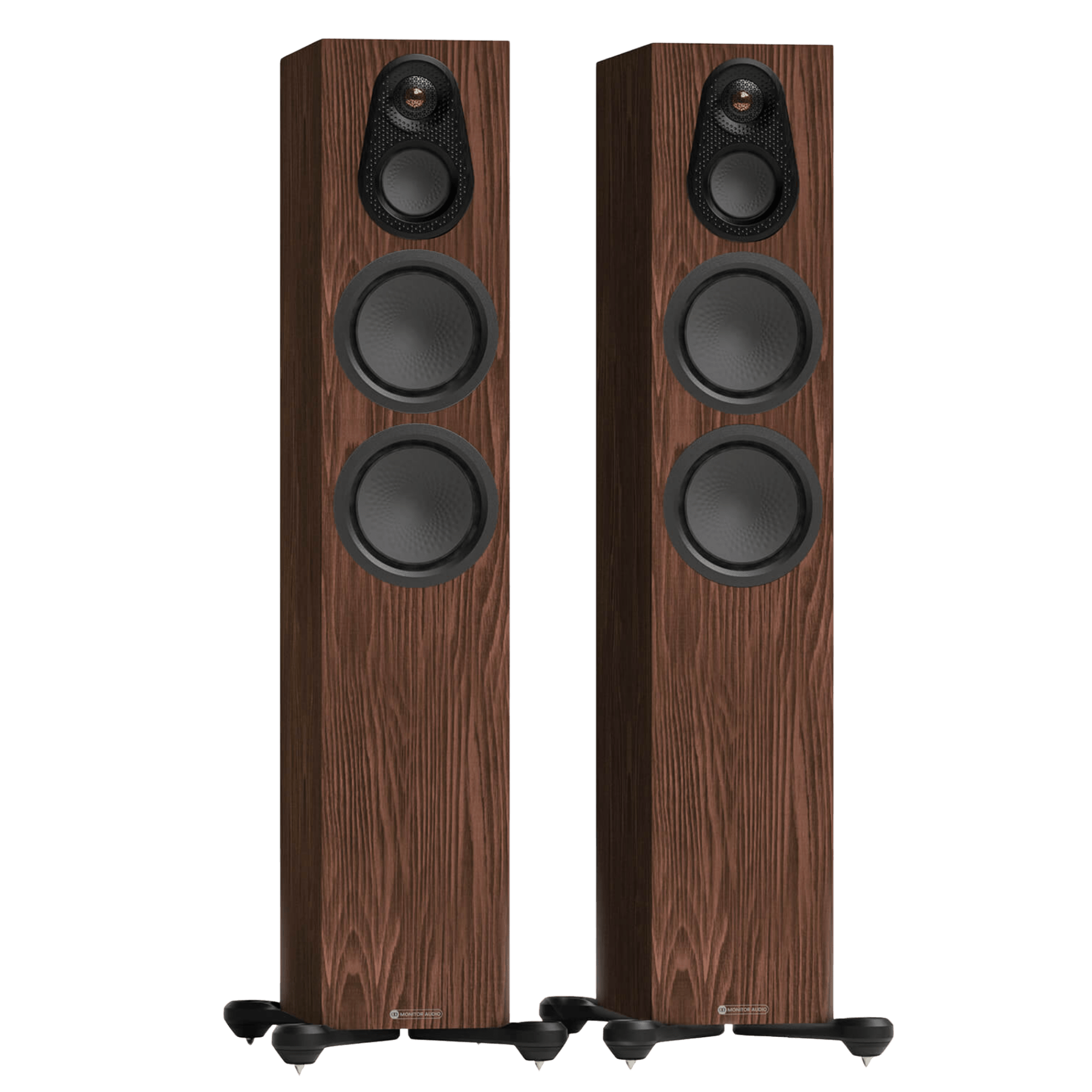 Monitor Audio Silver 300 8G Floorstanding Speakers shown in European Walnut and without Grilles