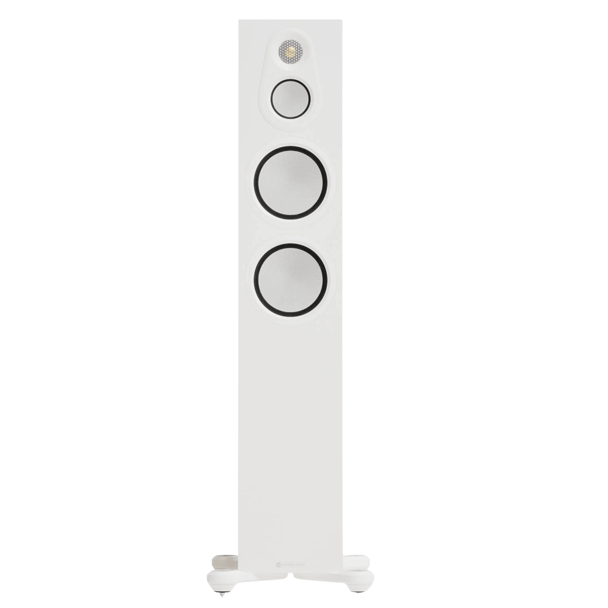 Monitor Audio Silver 300 8G Floorstanding Speakers. Individual speaker shown in High Gloss Black front on and without Grilles