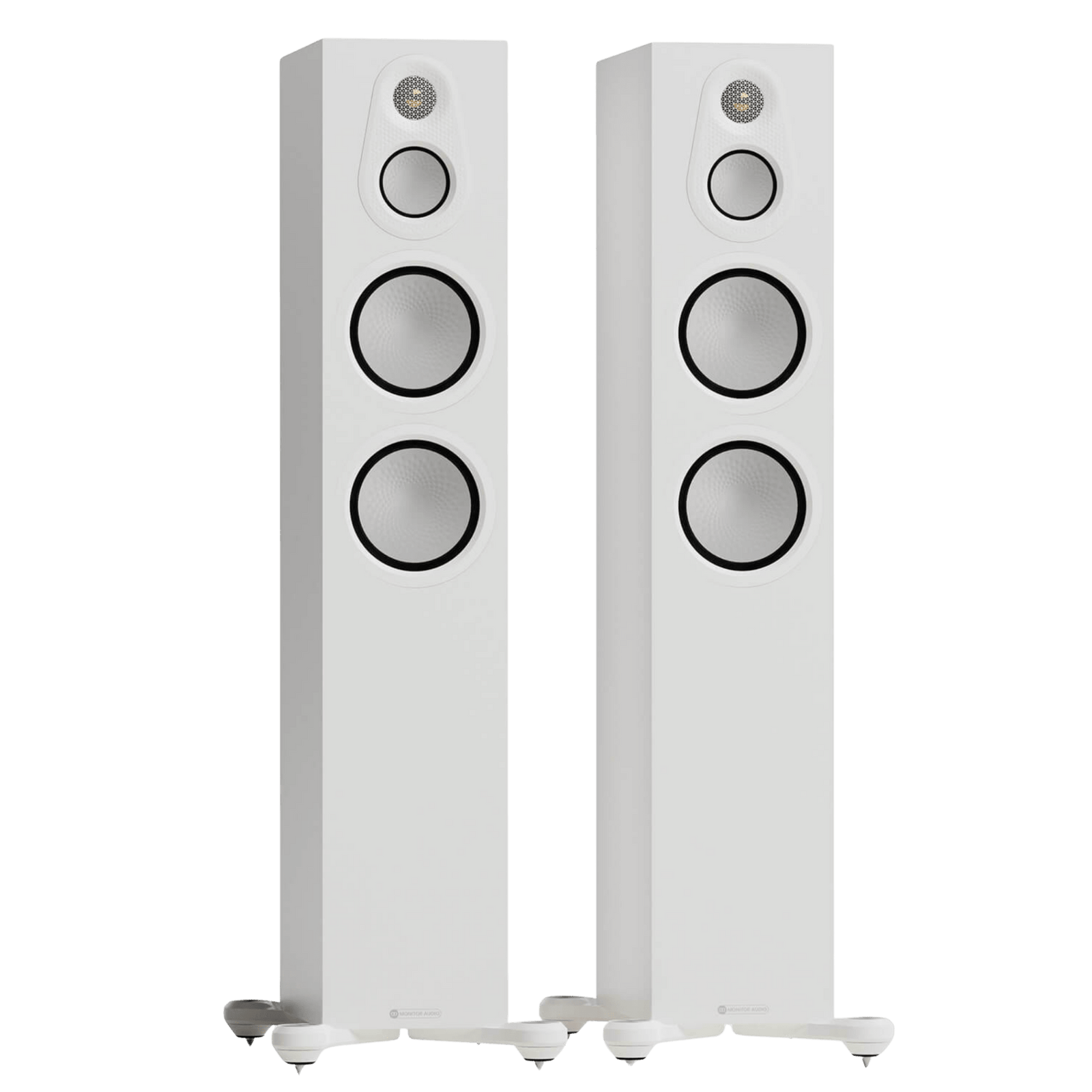 Monitor Audio Silver 300 8G Floorstanding Speakers show in Satin White and without Grilles