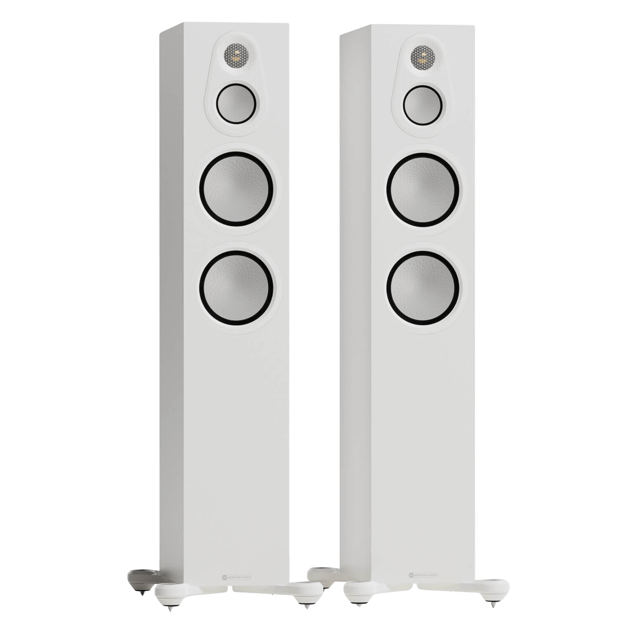 Monitor Audio Silver 300 8G Floorstanding Speakers show in Satin White and without Grilles