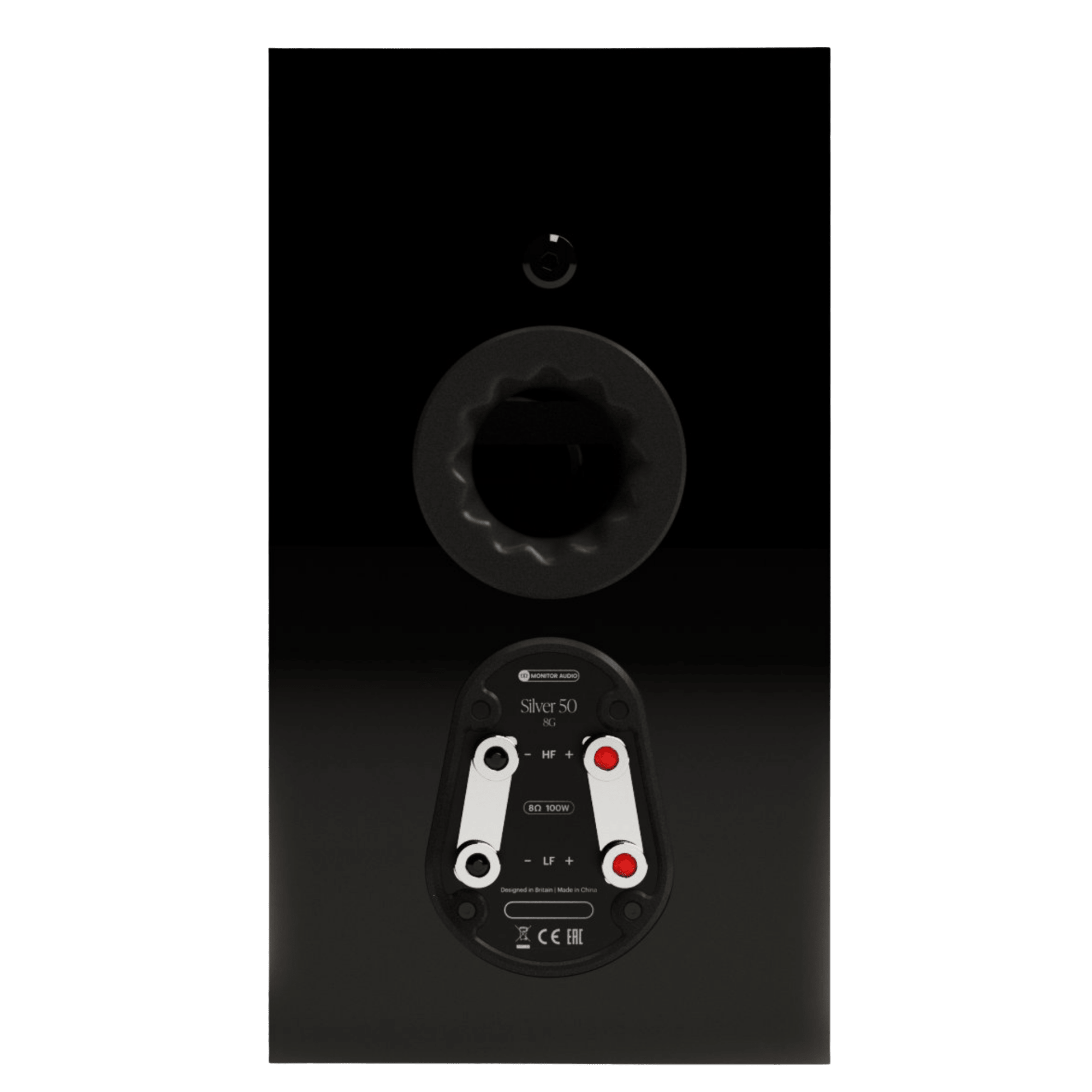 Monitor Audio Silver 50 8G Bookshelf Speakers in High Gloss Black.  Back of invidivual Speaker 