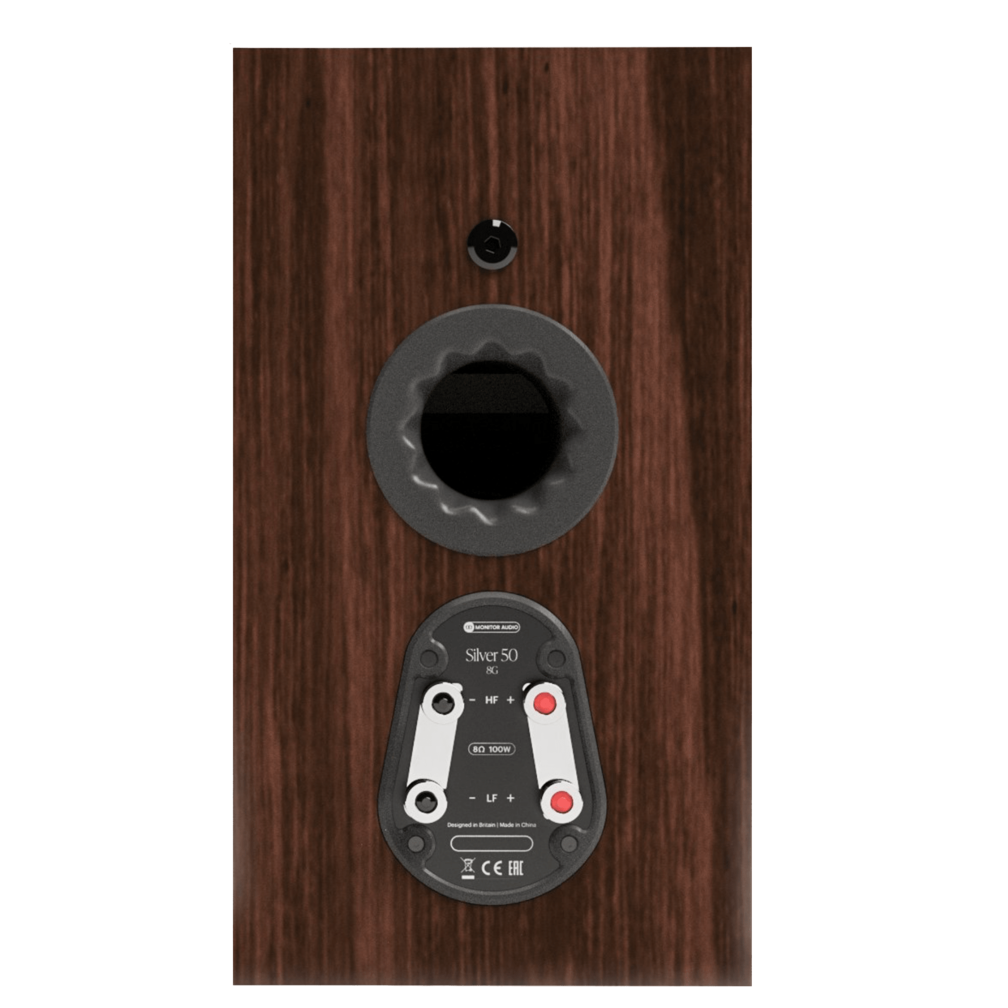 Monitor Audio Silver 50 8G Bookshelf Speakers in European Walnut. Back of invidivual Speaker 