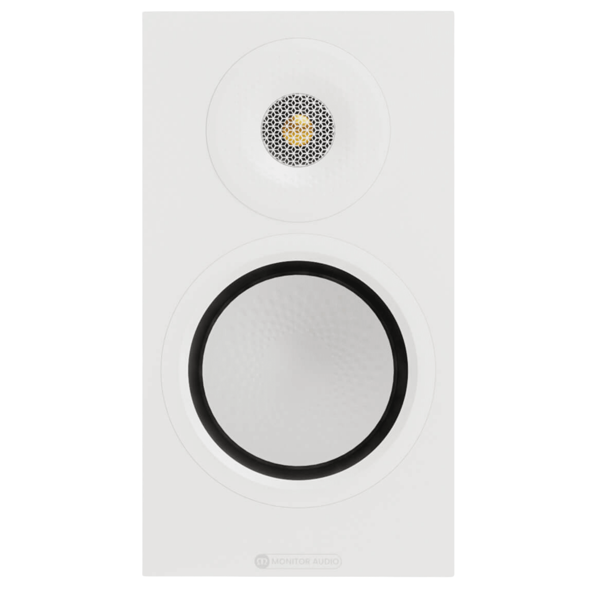 Monitor Audio Silver 50 8G Bookshelf Speakers in Satin White.  Front of invidivual Speaker without grille