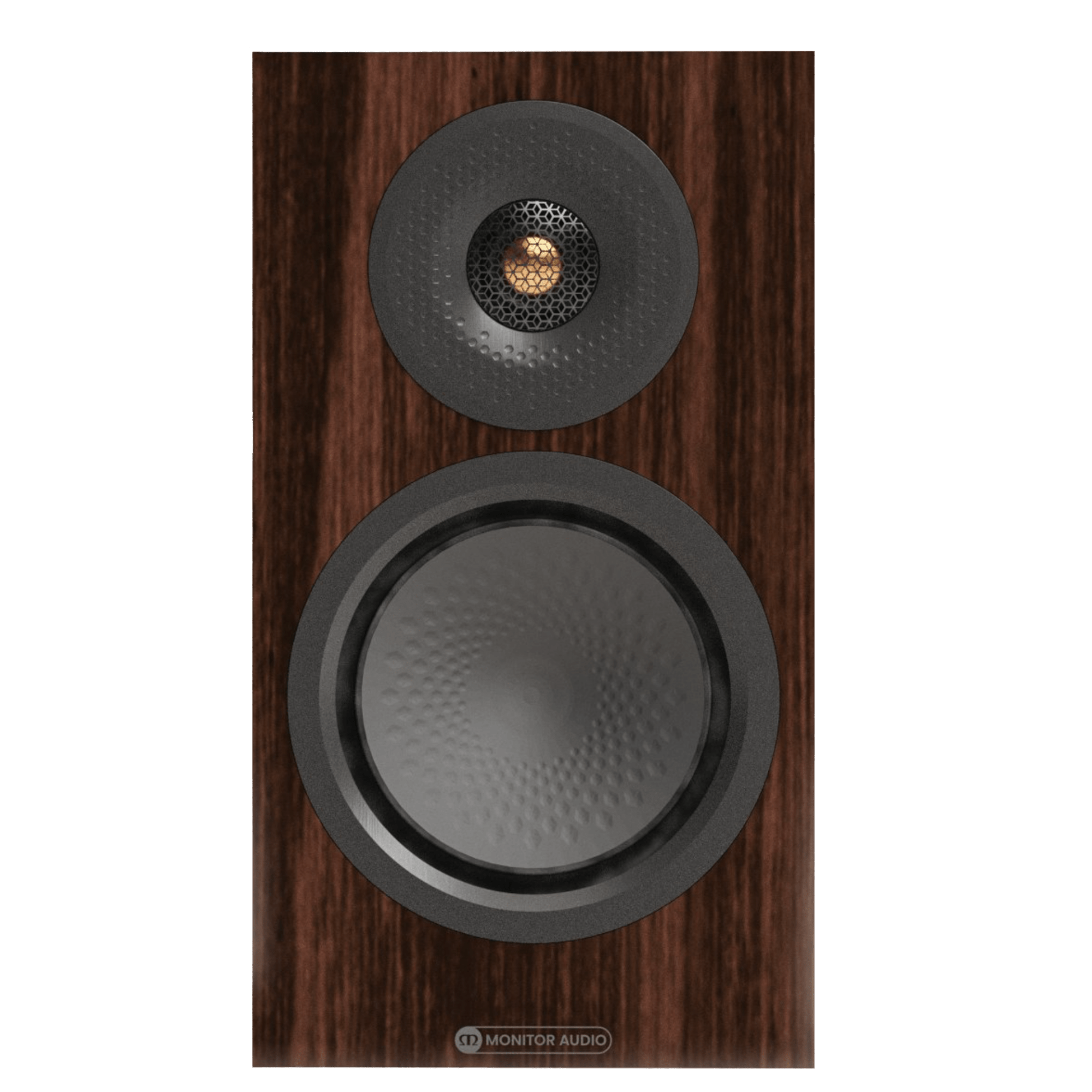Monitor Audio Silver 50 8G Bookshelf Speakers in European Walnut.  Front of invidivual Speaker without grille