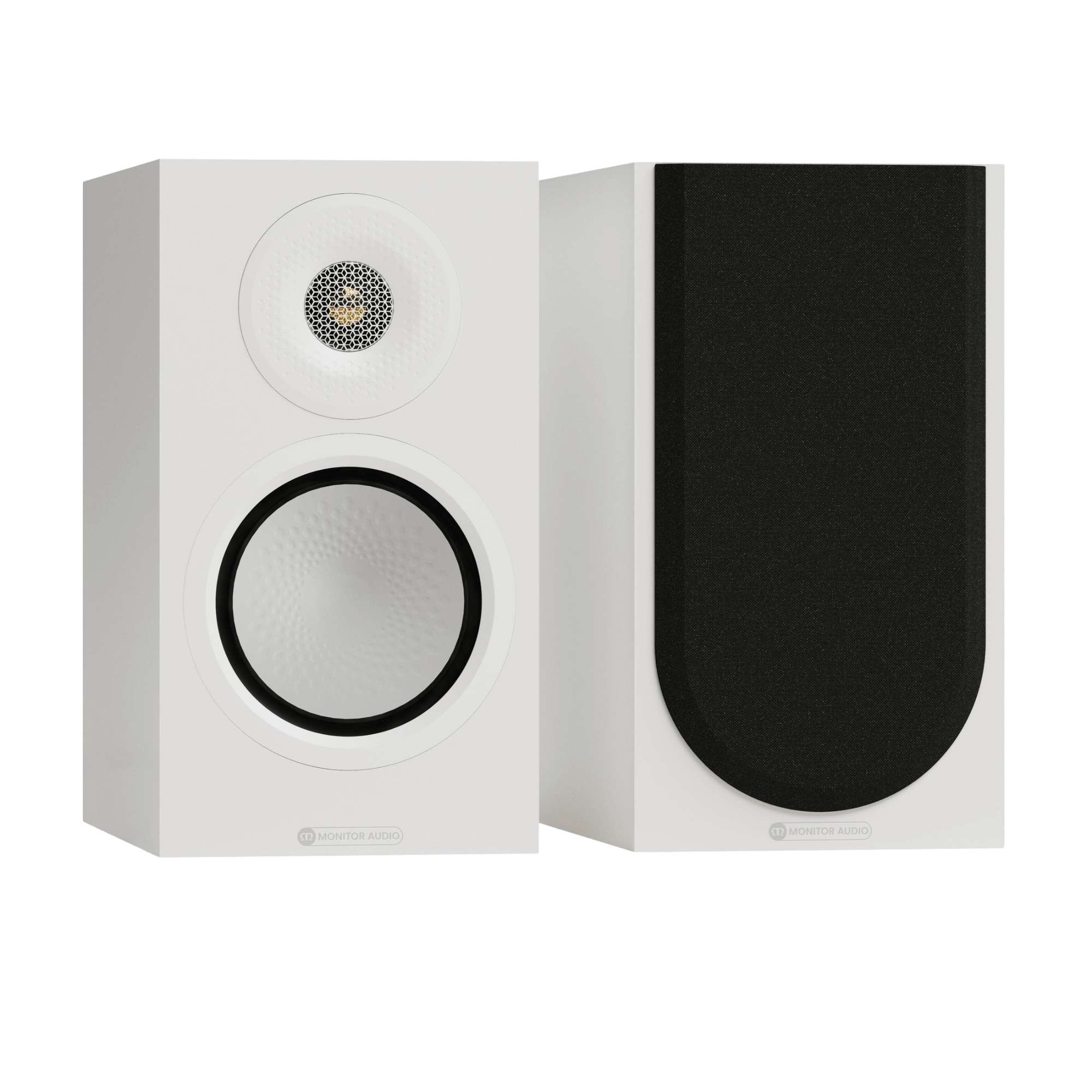 Monitor Audio Silver 50 8G Bookshelf Speakers in Satin White.  Shown without and also with grilles