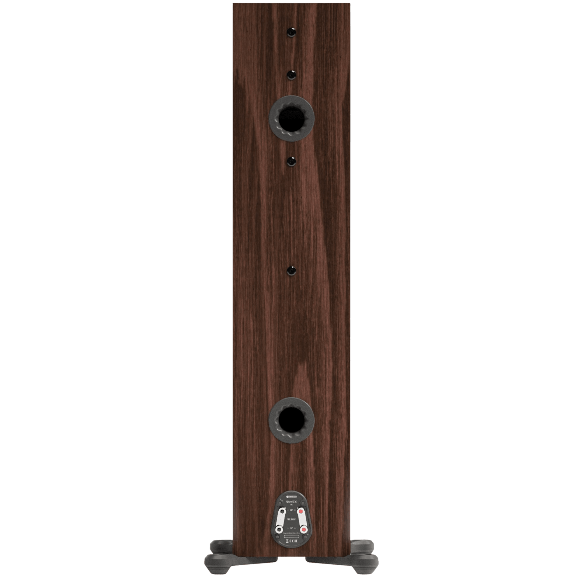 Monitor Audio Silver 500 8G Floorstanding Speakers in European Walnut.  Back of individual Speaker shown