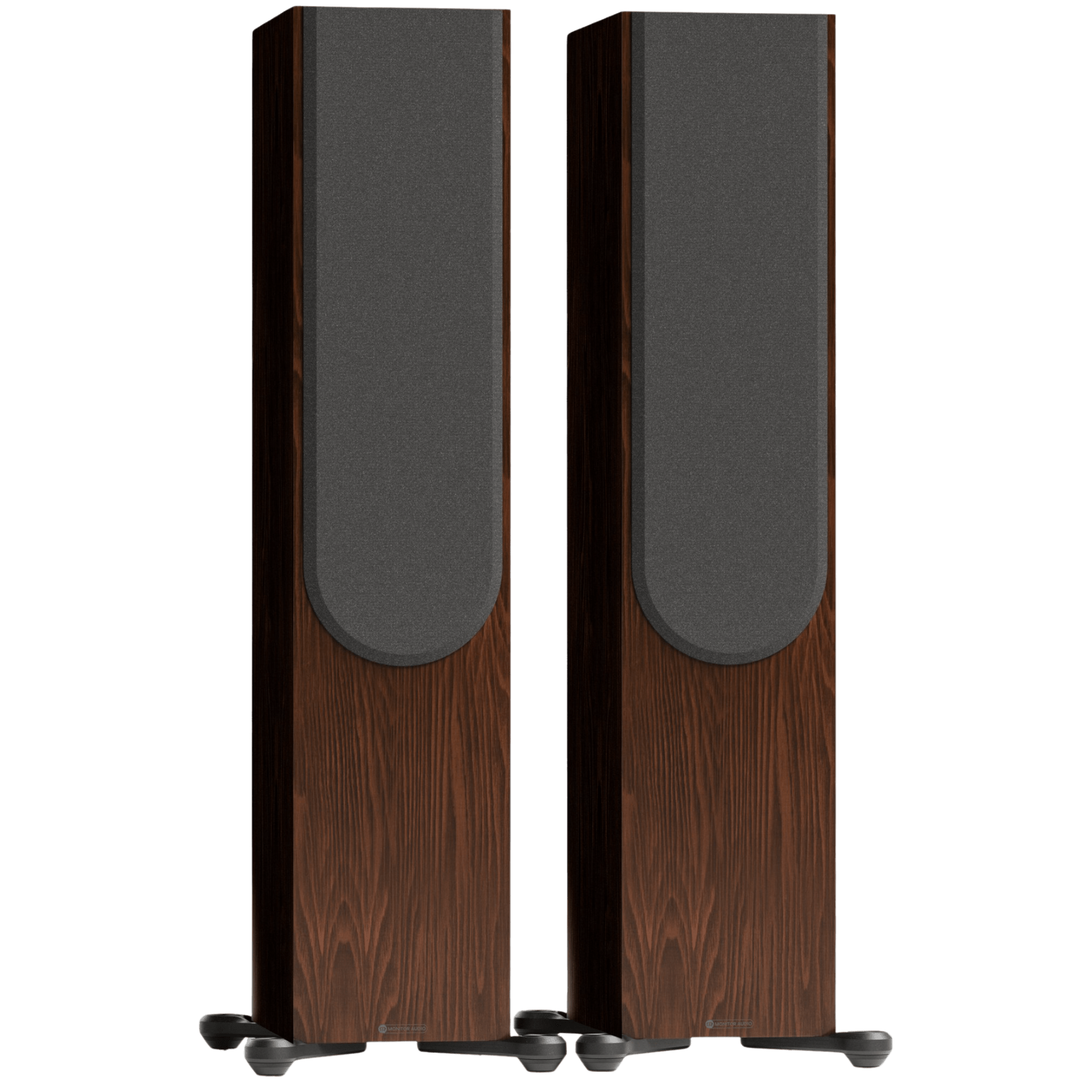 Monitor Audio Silver 500 8G Floorstanding Speakers in European Walnut, front with grilles