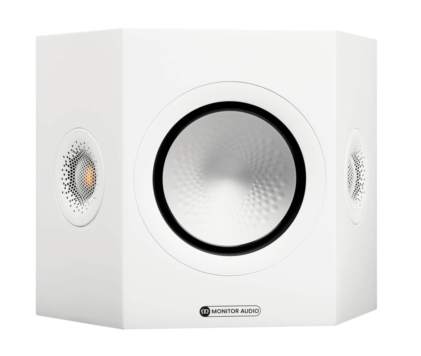 Monitor Audio Silver FX 7G Surround Speakers in satin white, on an angle