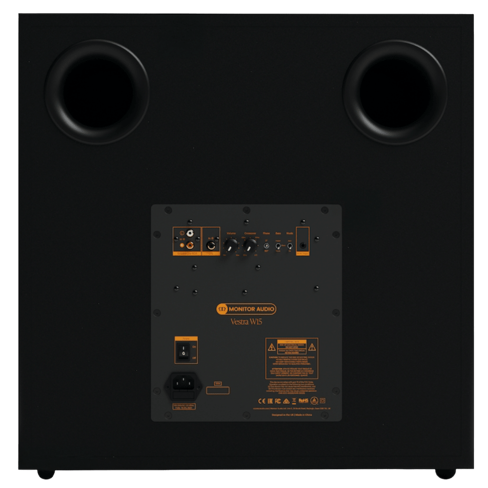 Monitor Audio Vestra W15 Subwoofer in Matte Black, rear of subwoofer