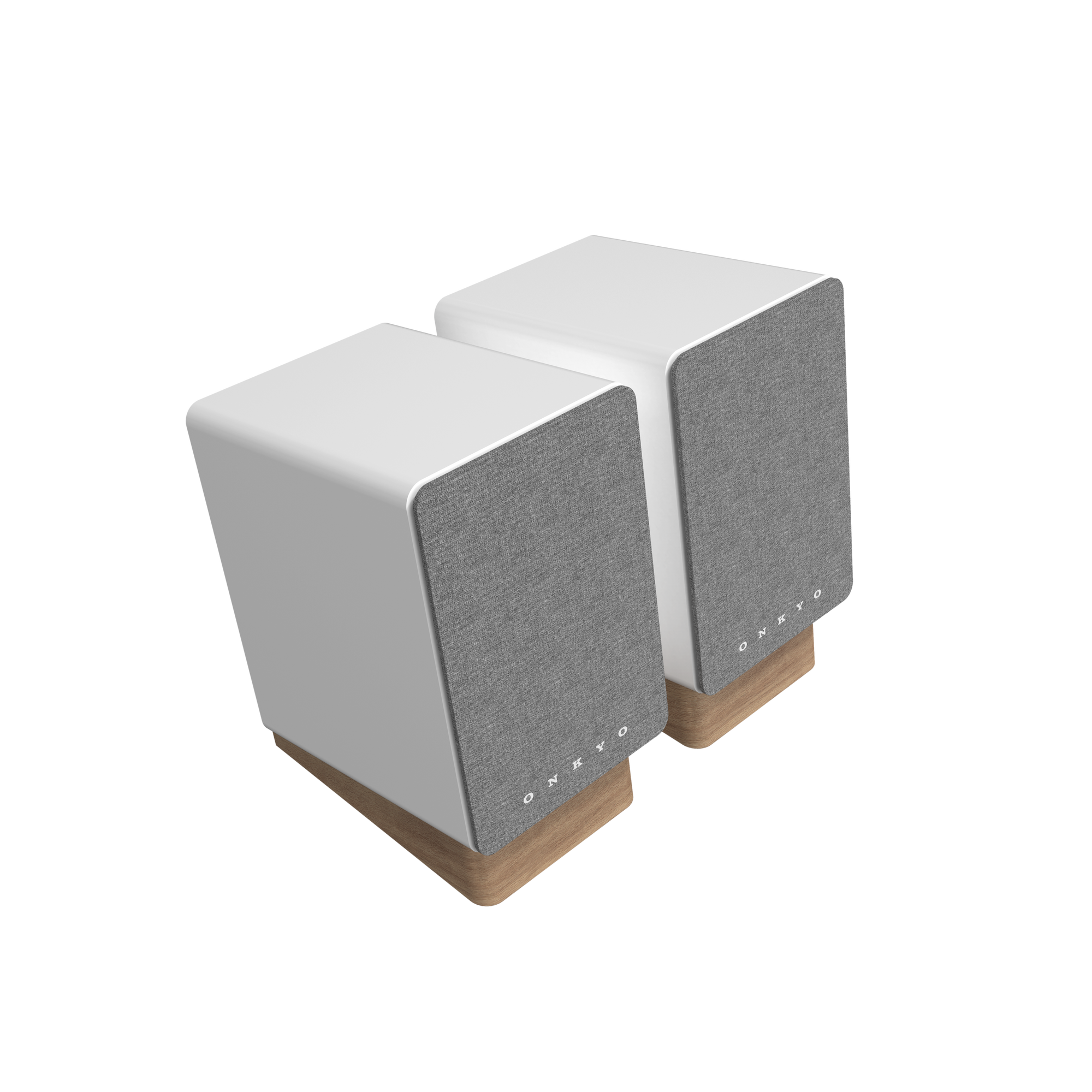 Onkyo GX-10DB Powered Speaker in White pair, with grilles angled