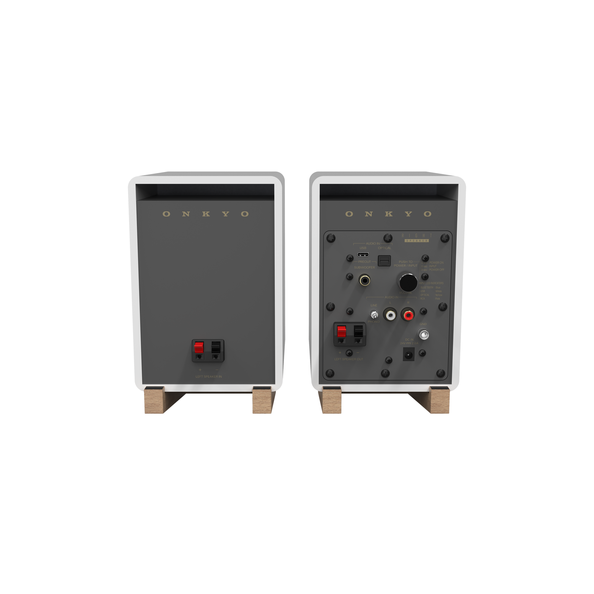 Onkyo GX-10DB Powered Speaker in White pair, rear of speakers