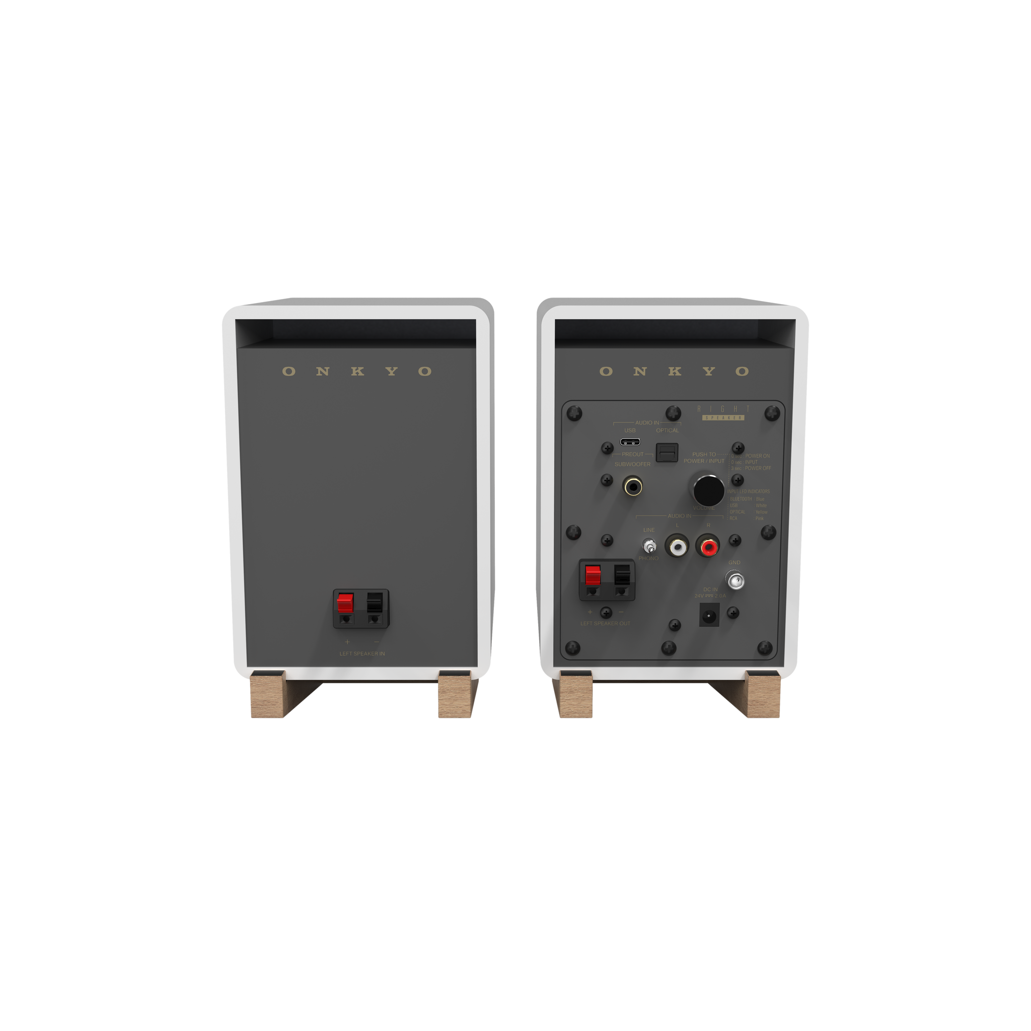 Onkyo GX-10DB Powered Speaker in White pair, rear of speakers