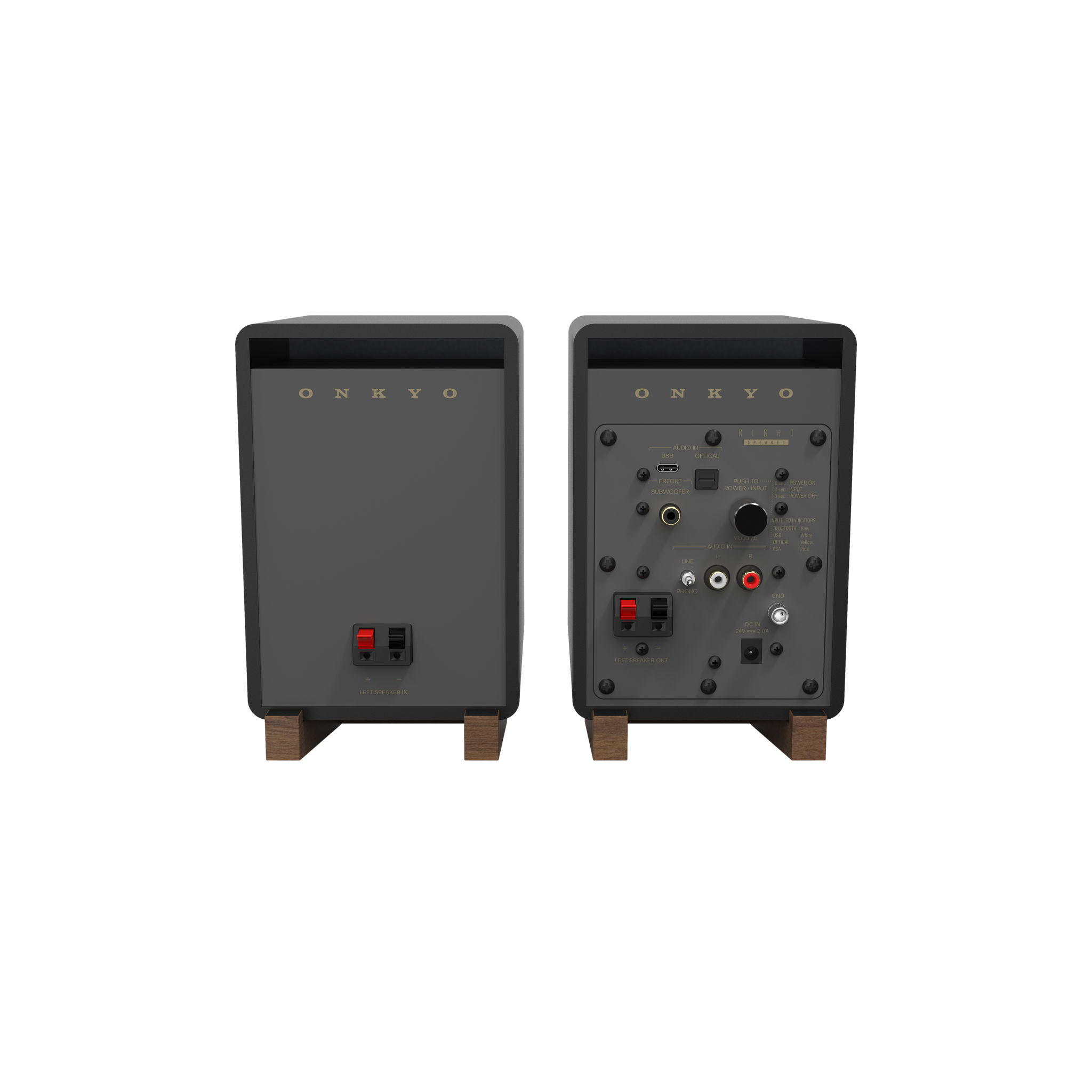 Onkyo GX-10DB Powered Speakers in Black pair.  Rear view 