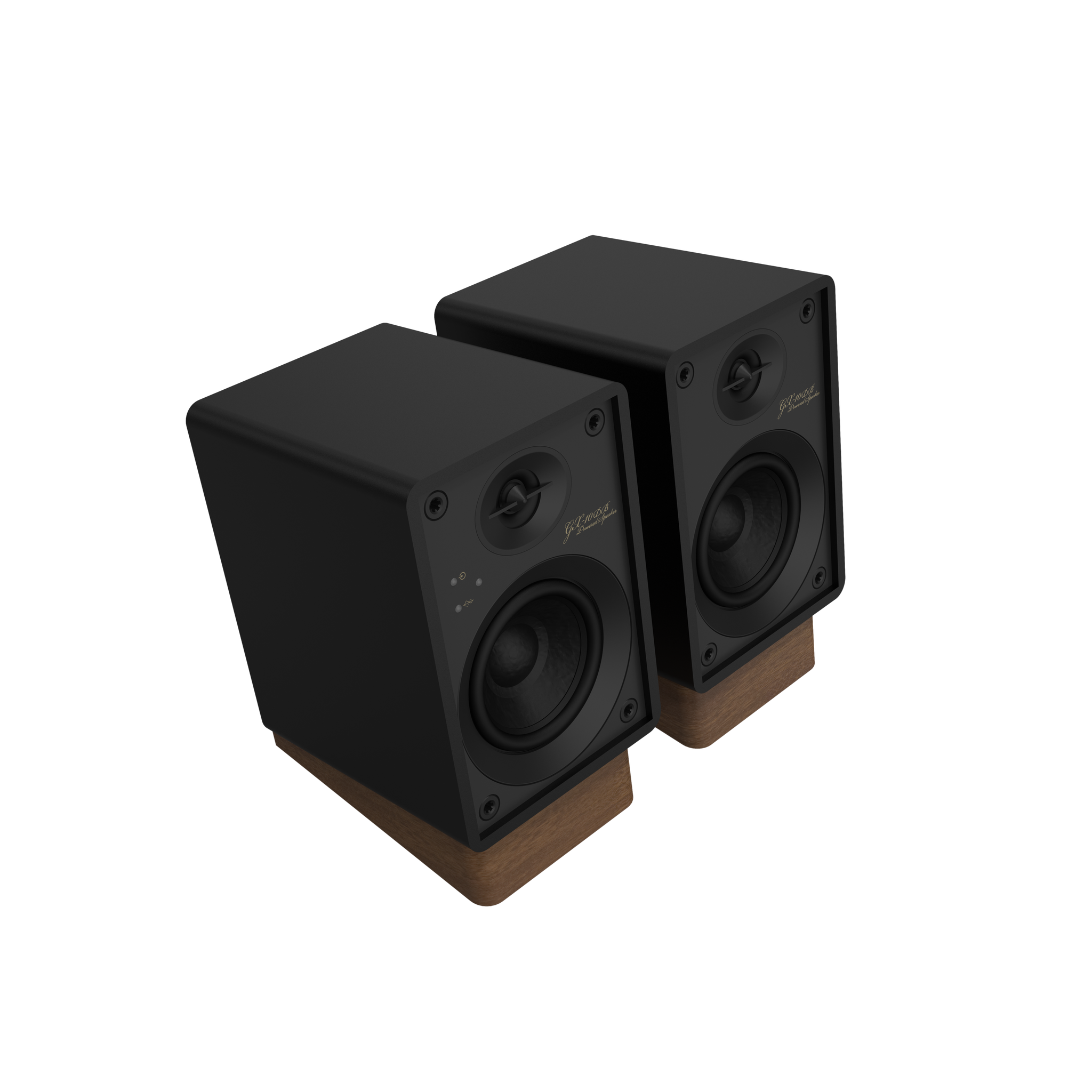 Onkyo GX-10DB Powered Speakers in Black pair without grille.  angled view 
