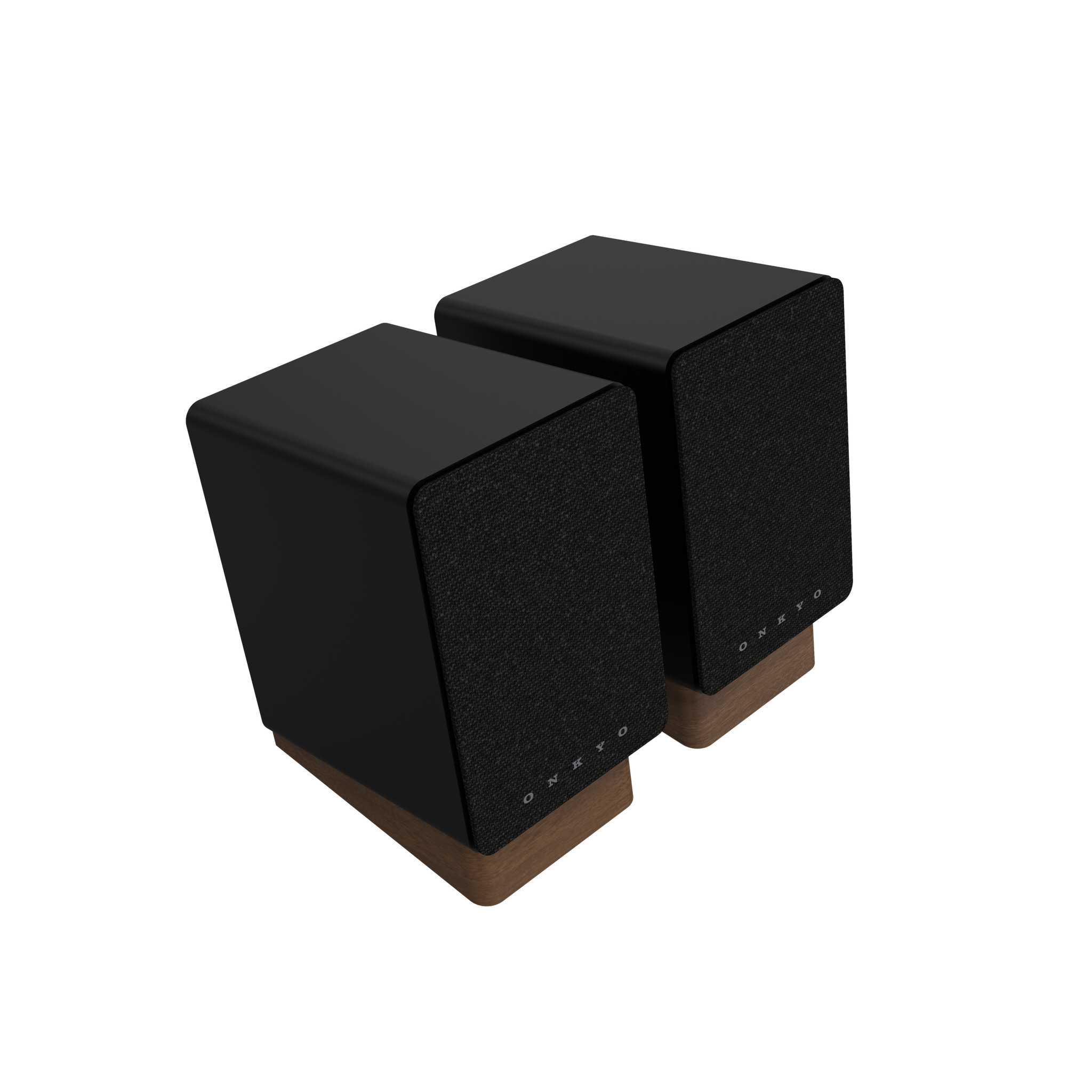 Onkyo GX-10DB Powered Speakers in Black pair with grille.  angled view 