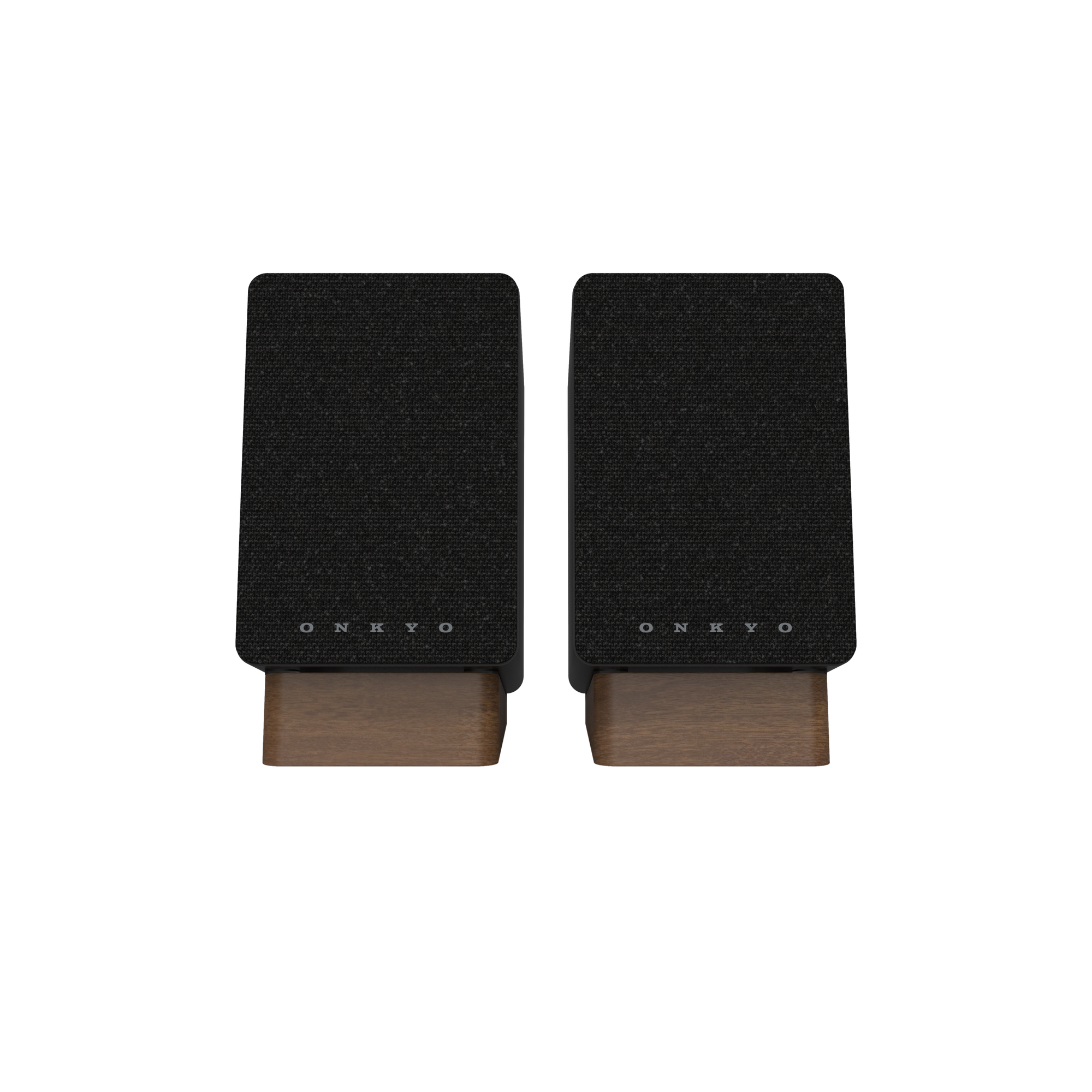 Onkyo GX-10DB Powered Speakers in Black pair.  Front view without grille in black