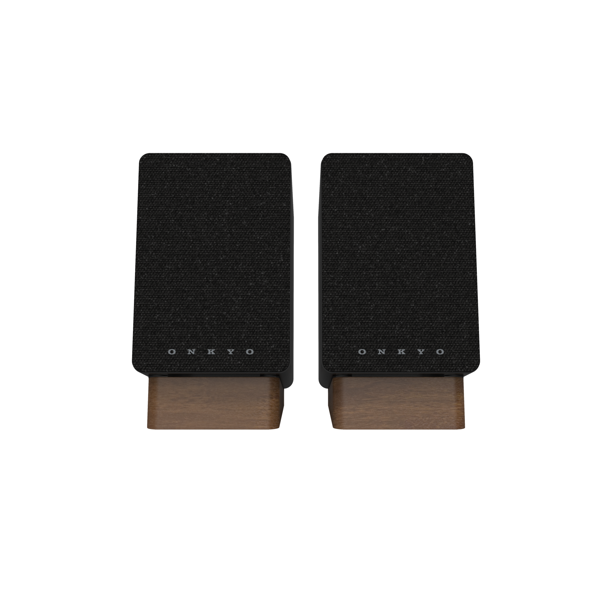 Onkyo GX-10DB Powered Speakers in Black pair.  Front view without grille in black