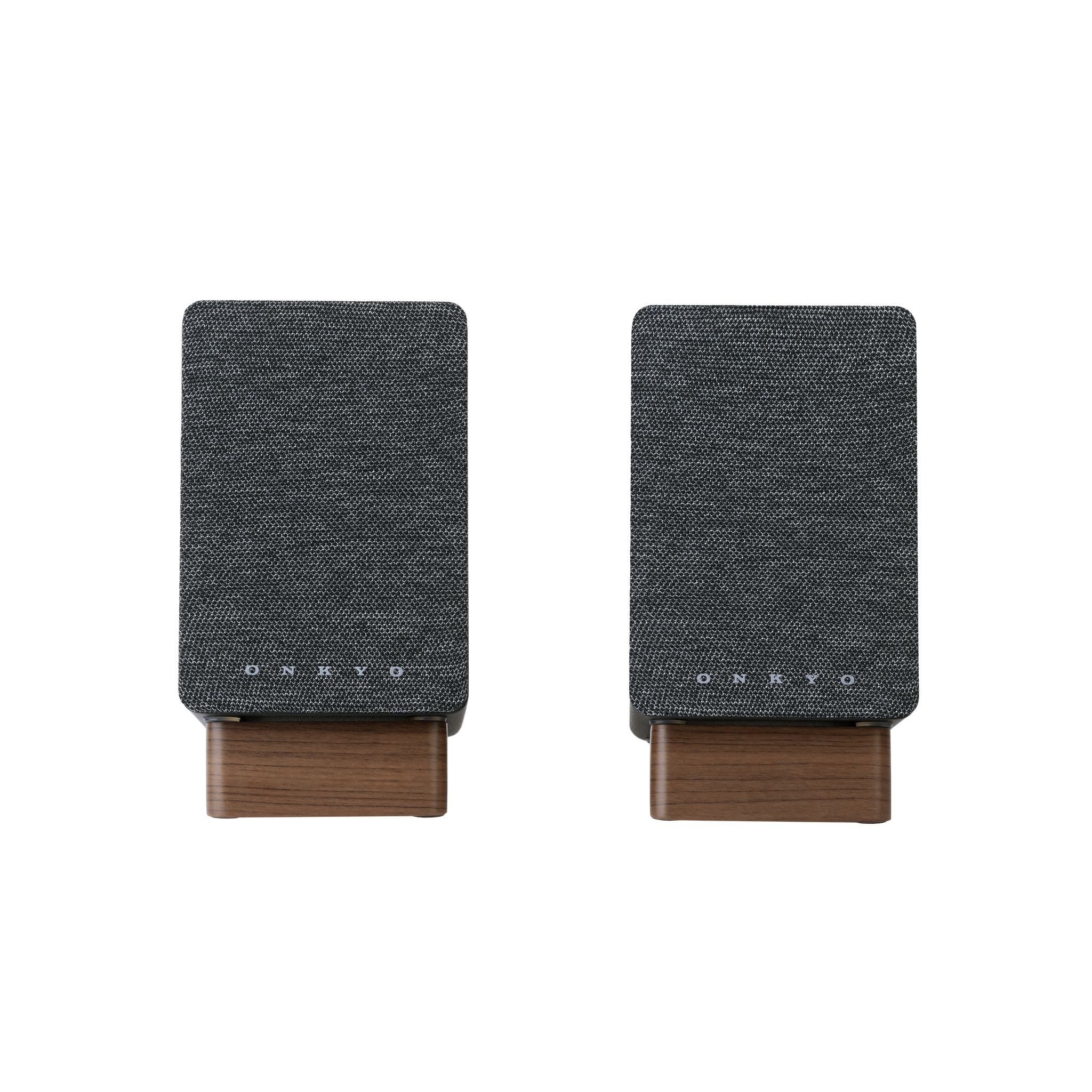 Onkyo GX-10DB Powered Speakers in Black pair.  Front view with grille