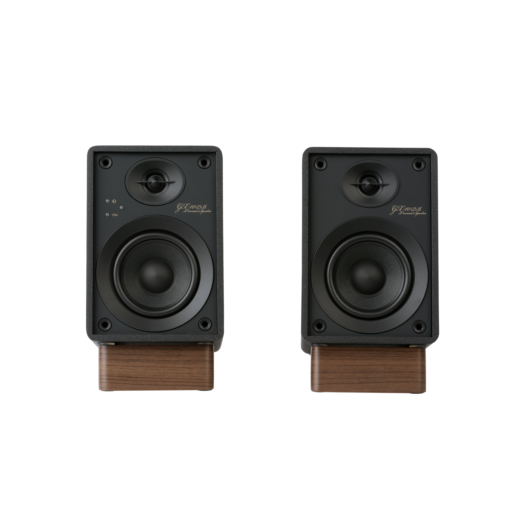 Onkyo GX-10DB Powered Speakers in Black pair.  Front view without grille