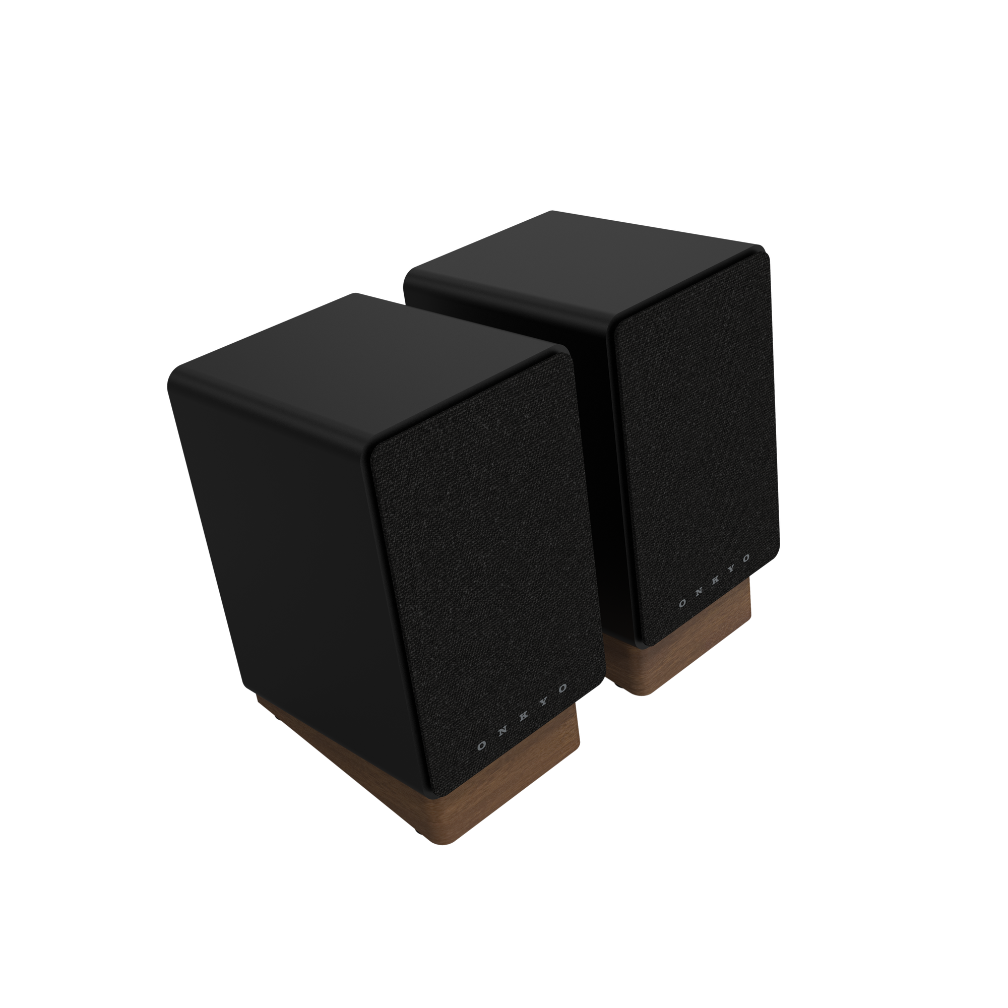 Onkyo GX-30ARC Powered Speakers in Black pair.  Angled with Grille