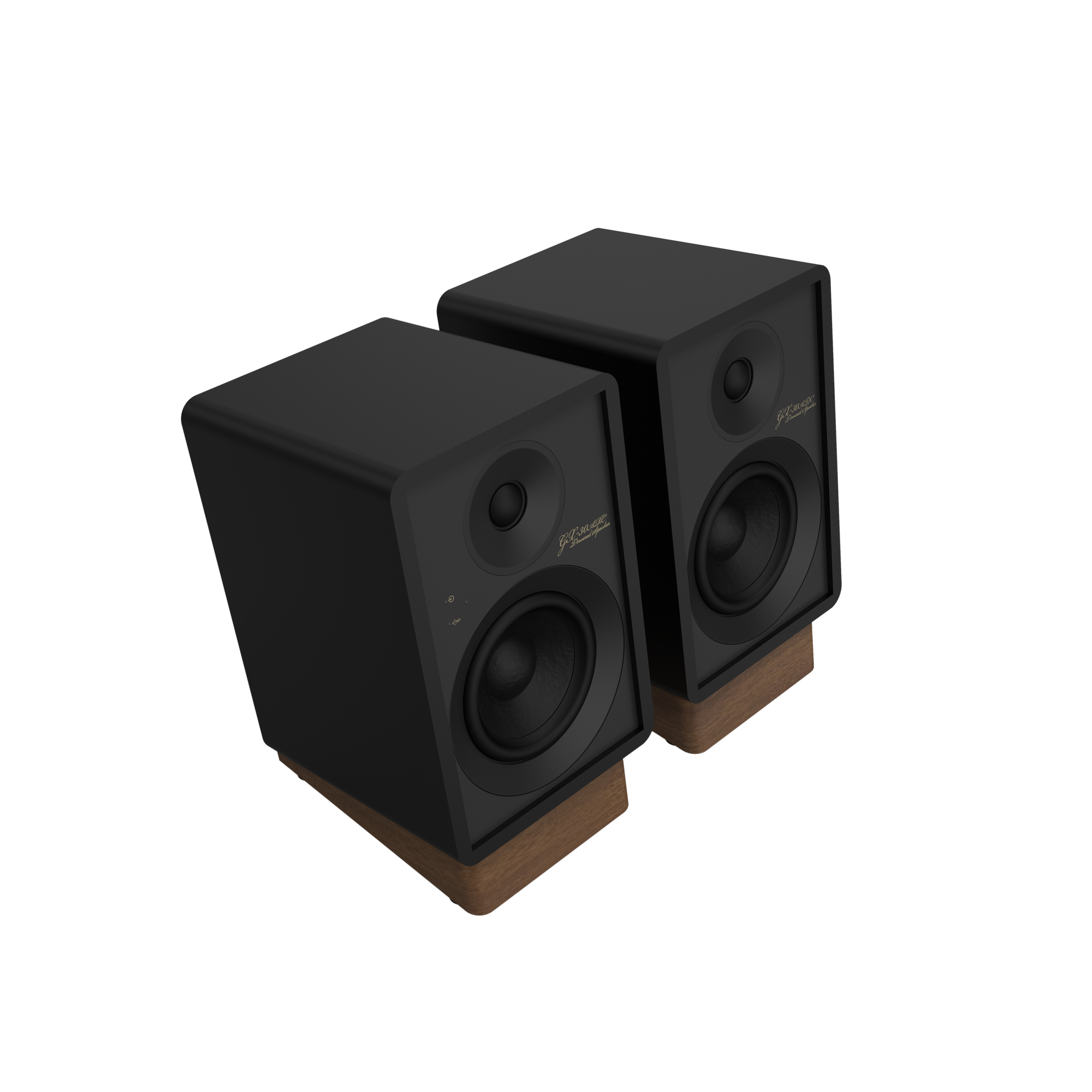 Onkyo GX-30ARC Powered Speakers in Black pair.  Angled without Grille