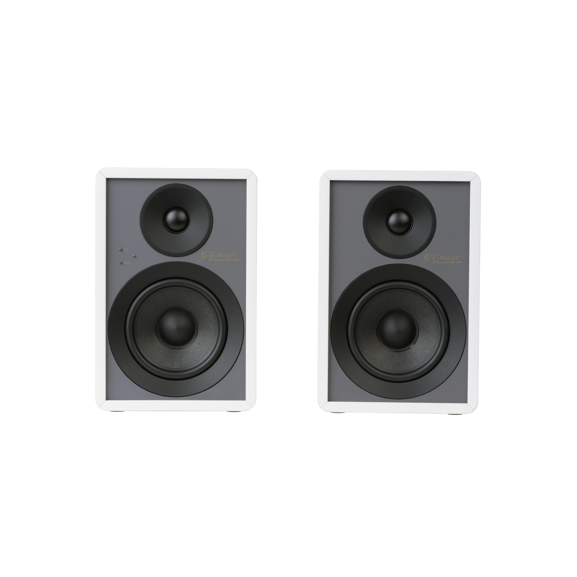 Onkyo GX-30ARC Powered Speakers in white pair.  Front without Grill or stand