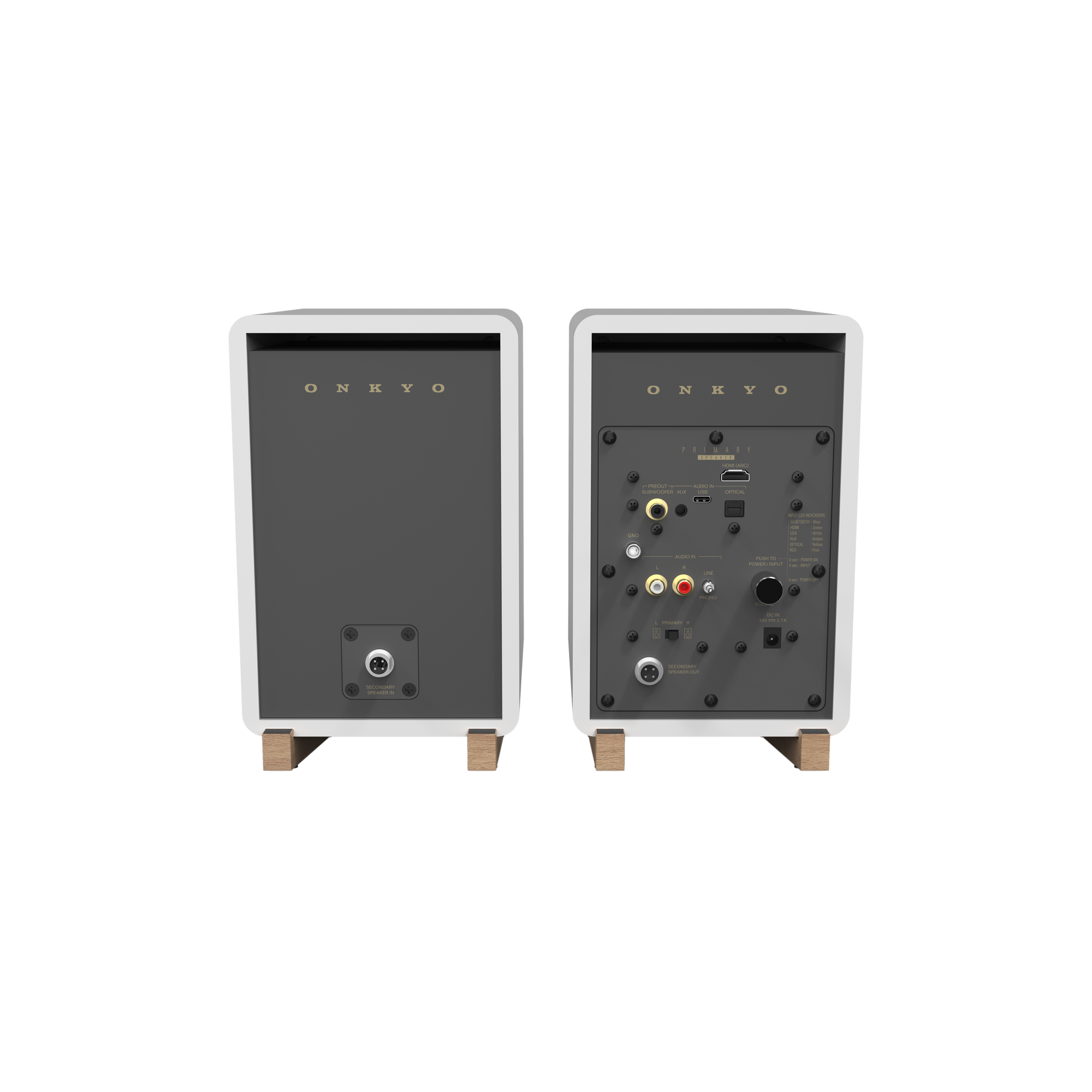 Onkyo GX-30ARC Powered Speakers in white pair.  Rear