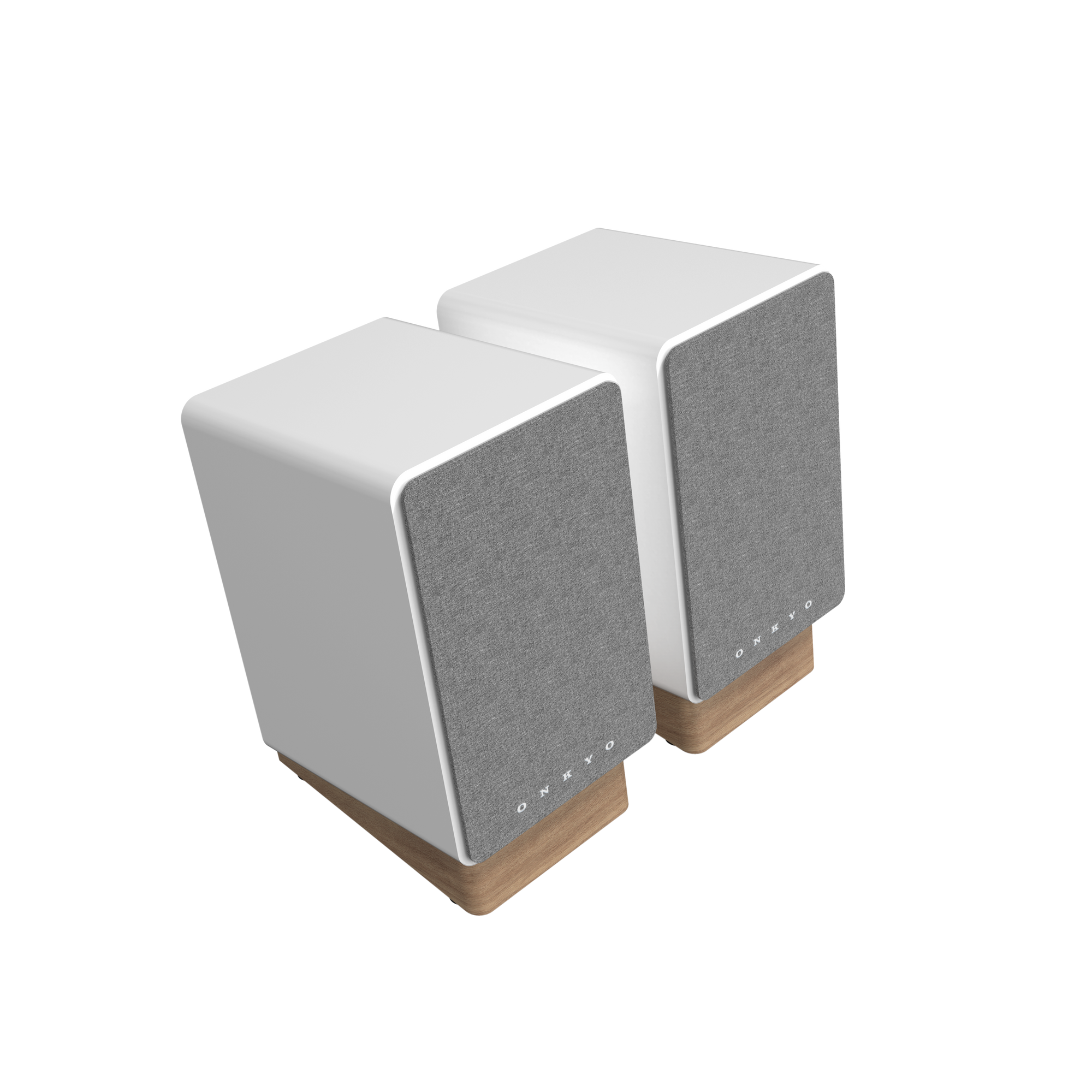 Onkyo GX-30ARC Powered Speakers in white pair.  Angled with Grille