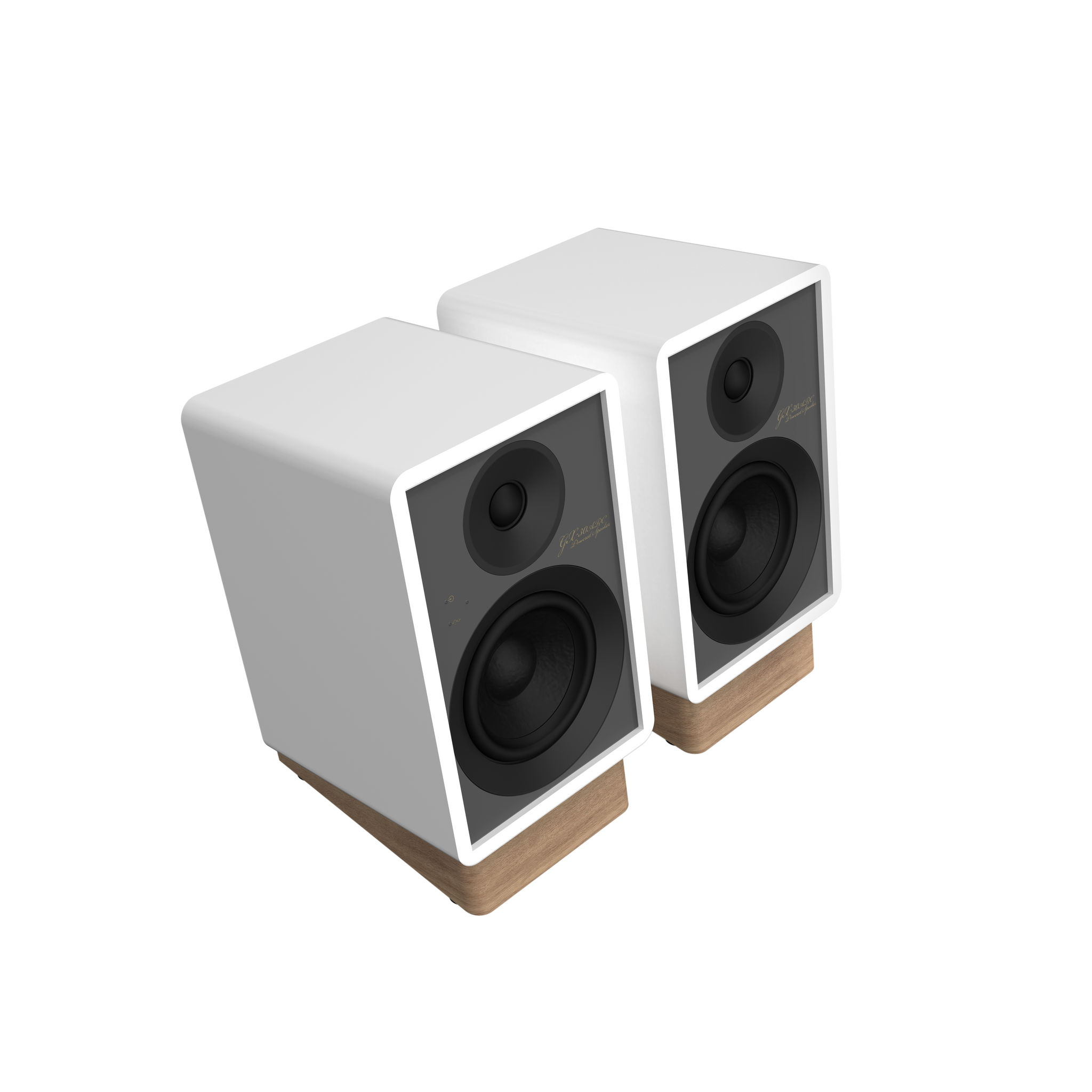 Onkyo GX-30ARC Powered Speakers in white pair.  Angled without Grille
