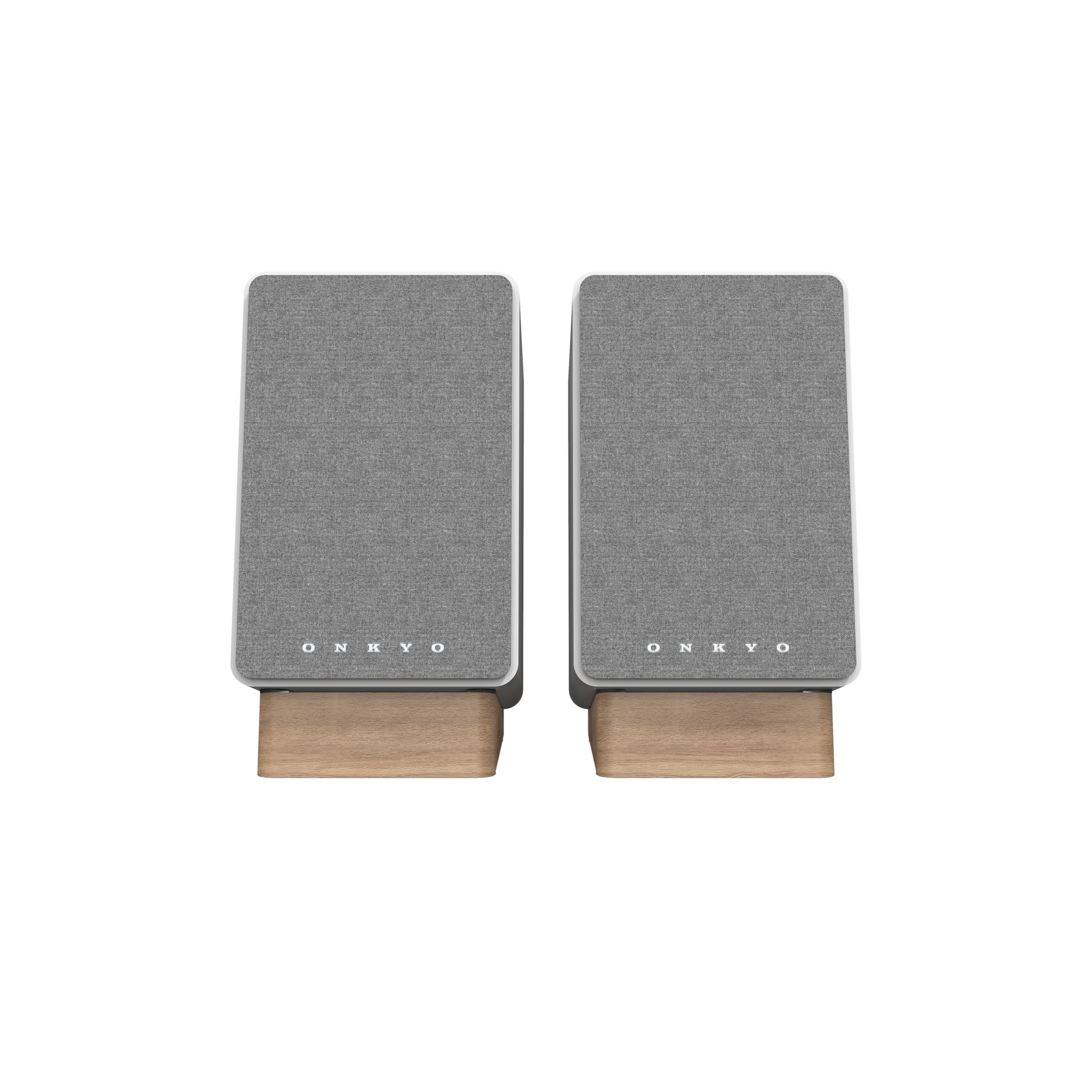 Onkyo GX-30ARC Powered Speakers in white pair.  front with Grille