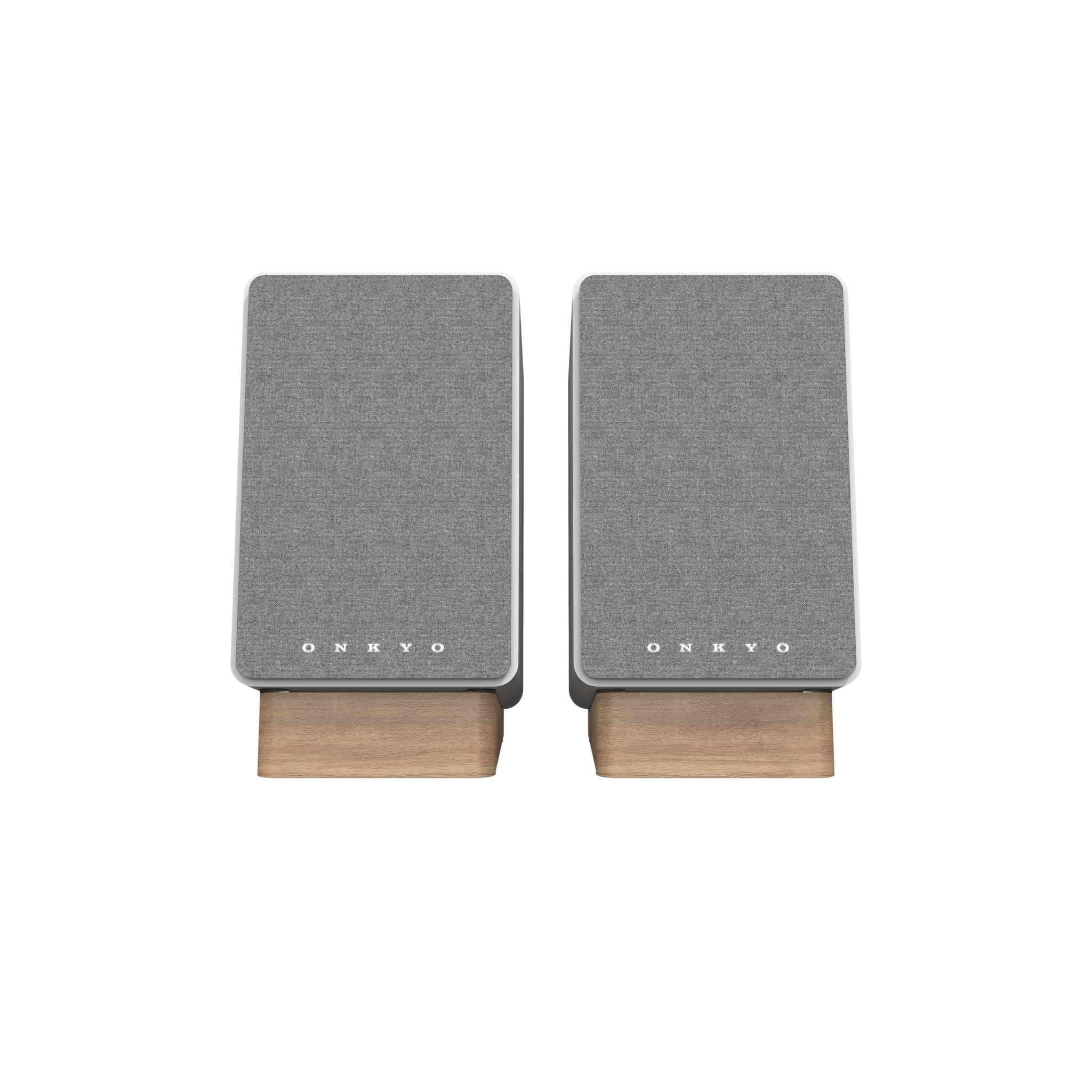 Onkyo GX-30ARC Powered Speakers in white pair.  front with Grille