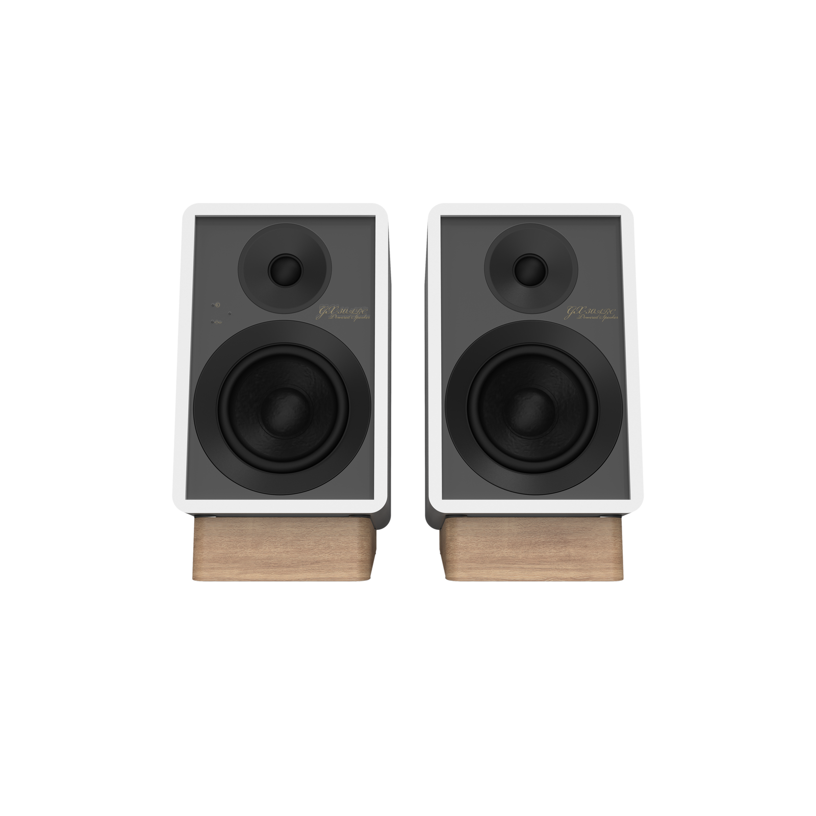 Onkyo GX-30ARC Powered Speakers in white pair.  front no Grille