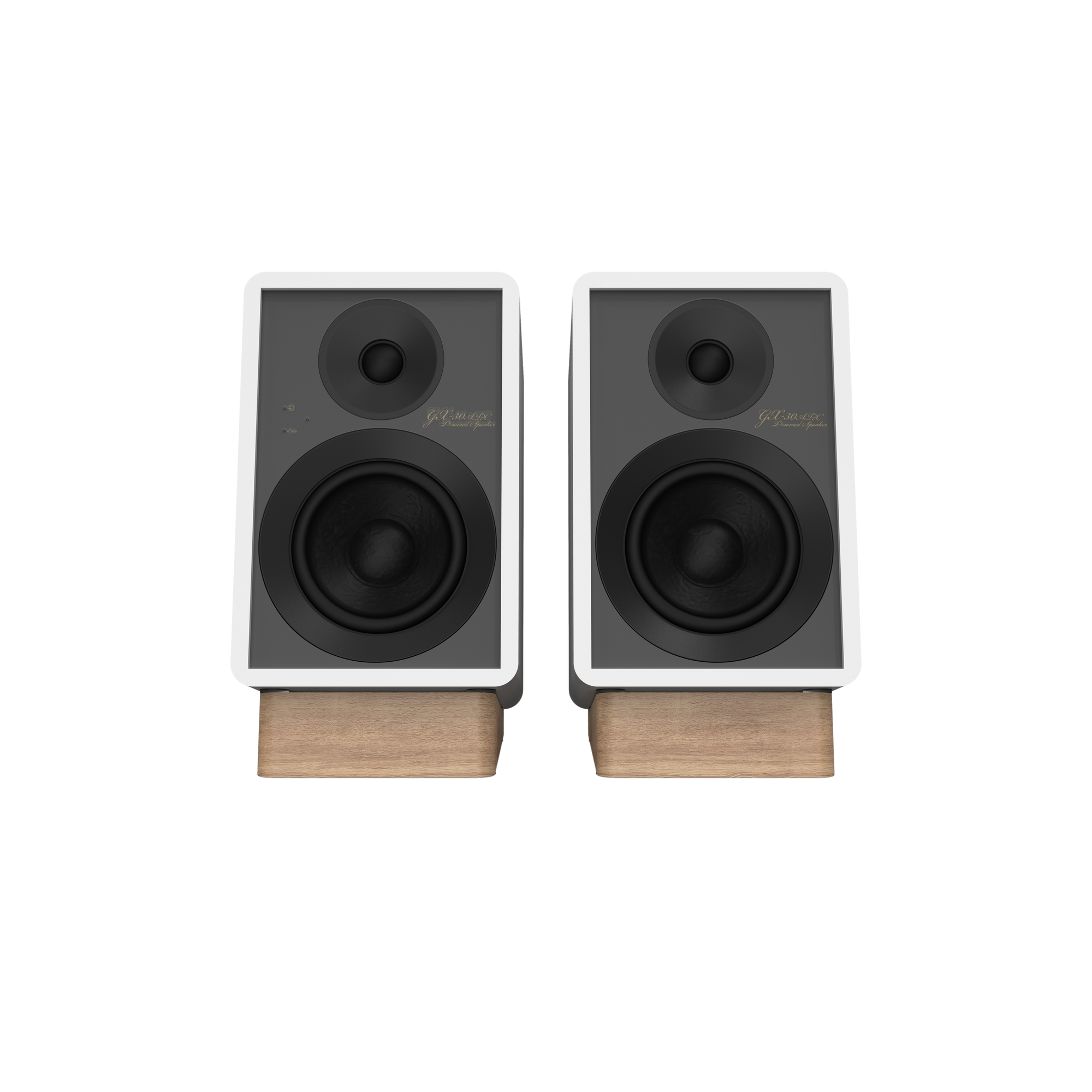 Onkyo GX-30ARC Powered Speakers in white pair.  front no Grille