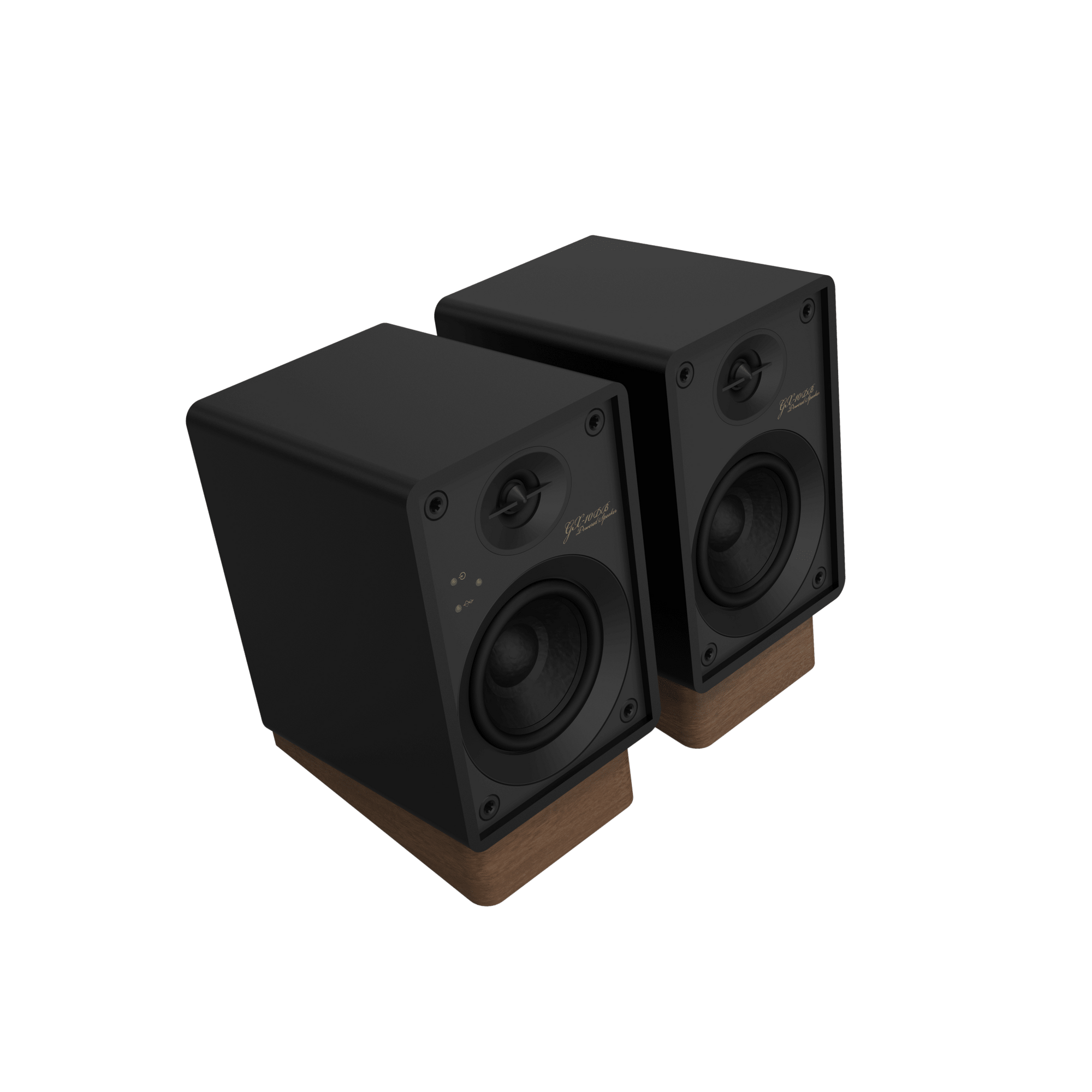 Onkyo GX-10DB Powered Speakers in Black pair without grille.  angled view 