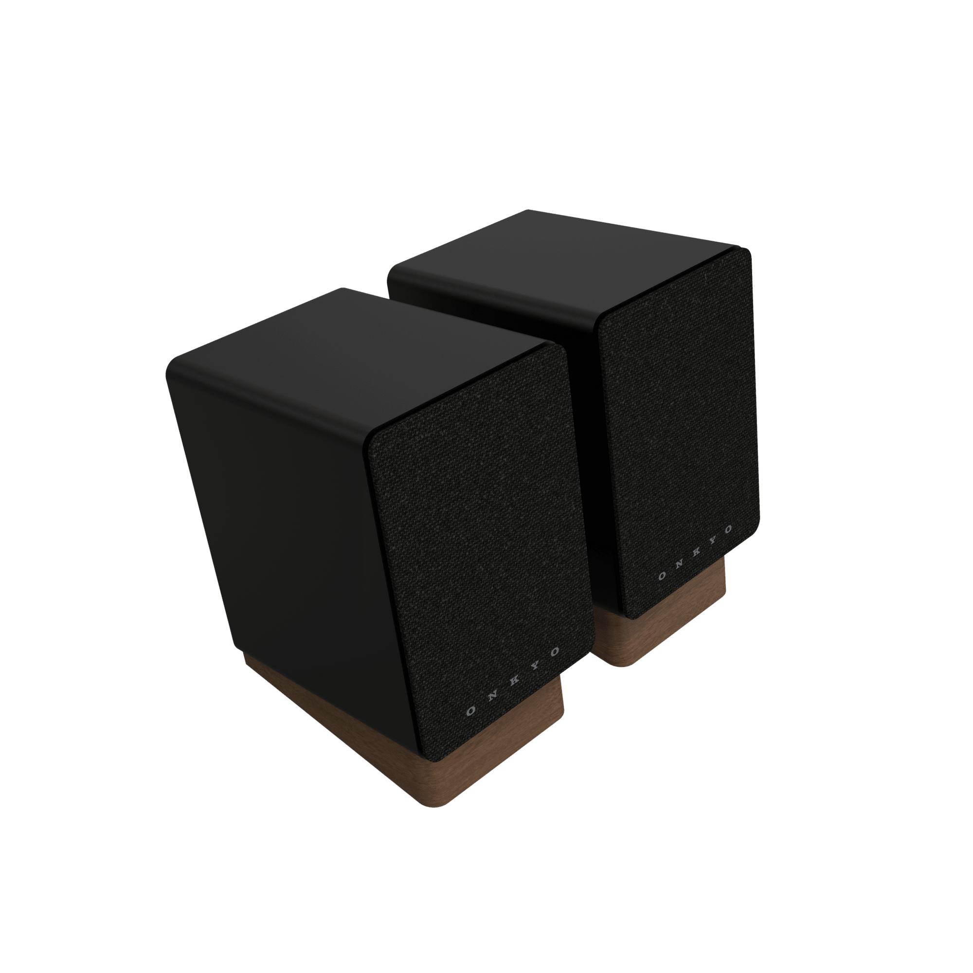 Onkyo GX-10DB Powered Speakers in Black pair with grille.  angled view 