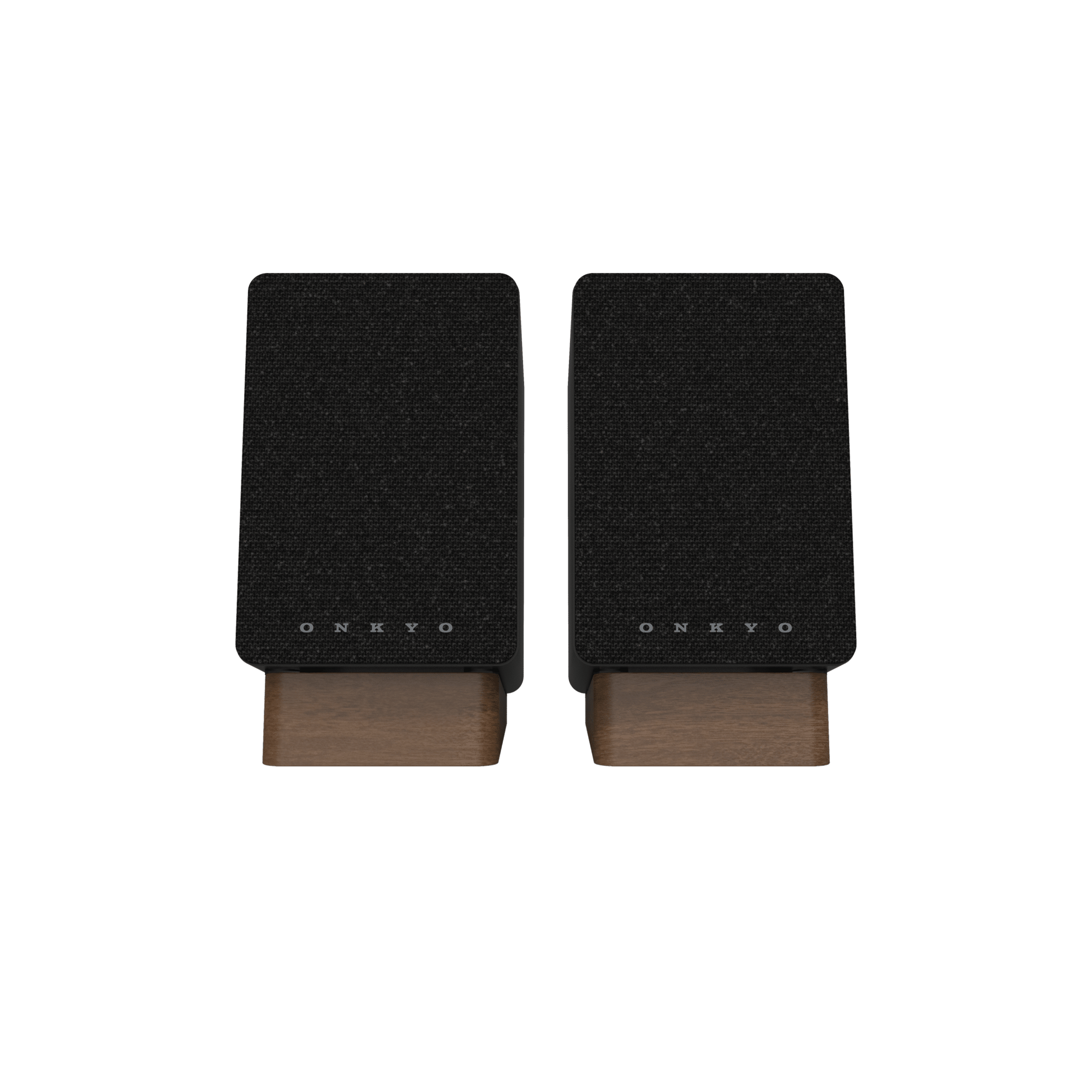 Onkyo GX-10DB Powered Speakers in Black pair.  Front view without grille in black