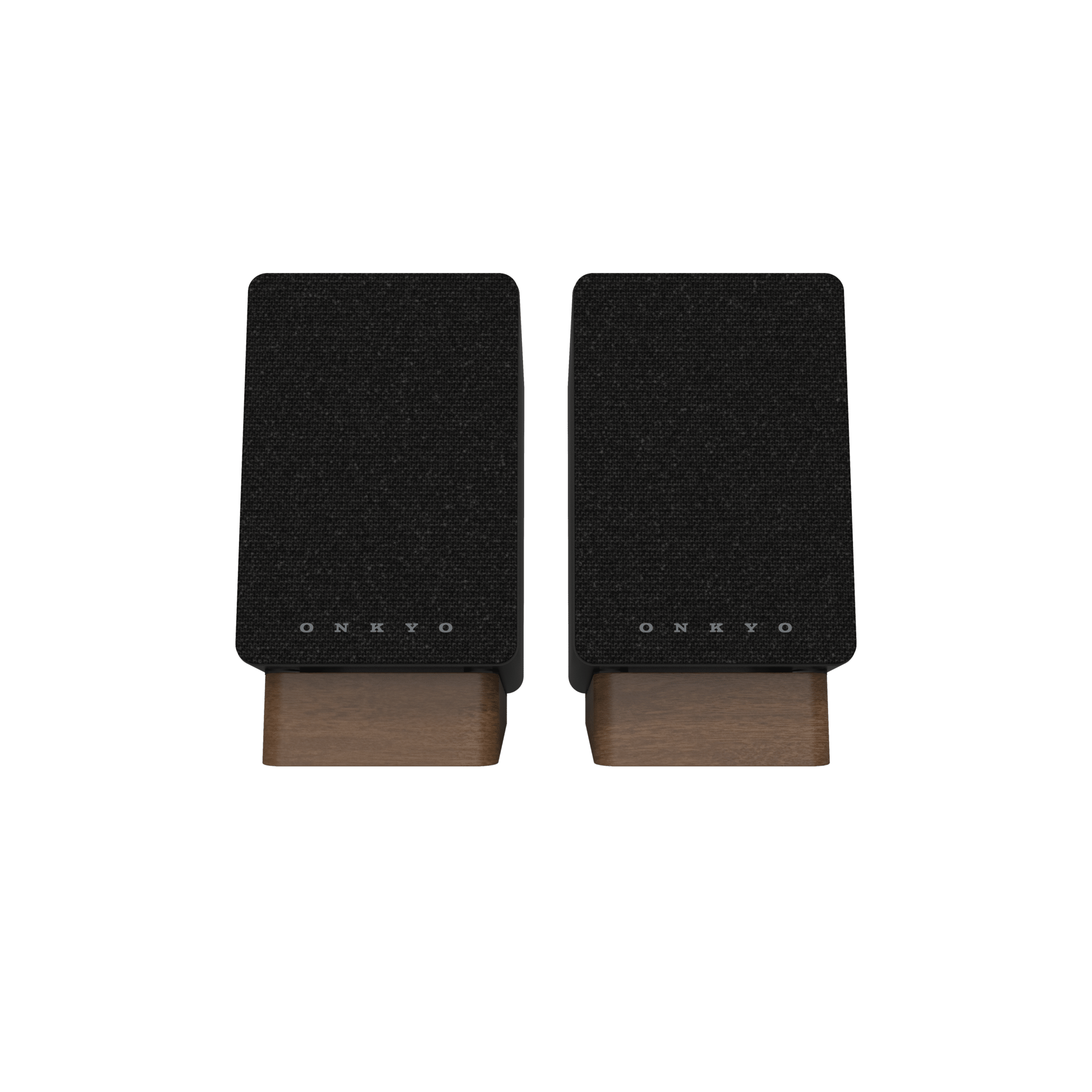 Onkyo GX-10DB Powered Speakers in Black pair.  Front view without grille in black
