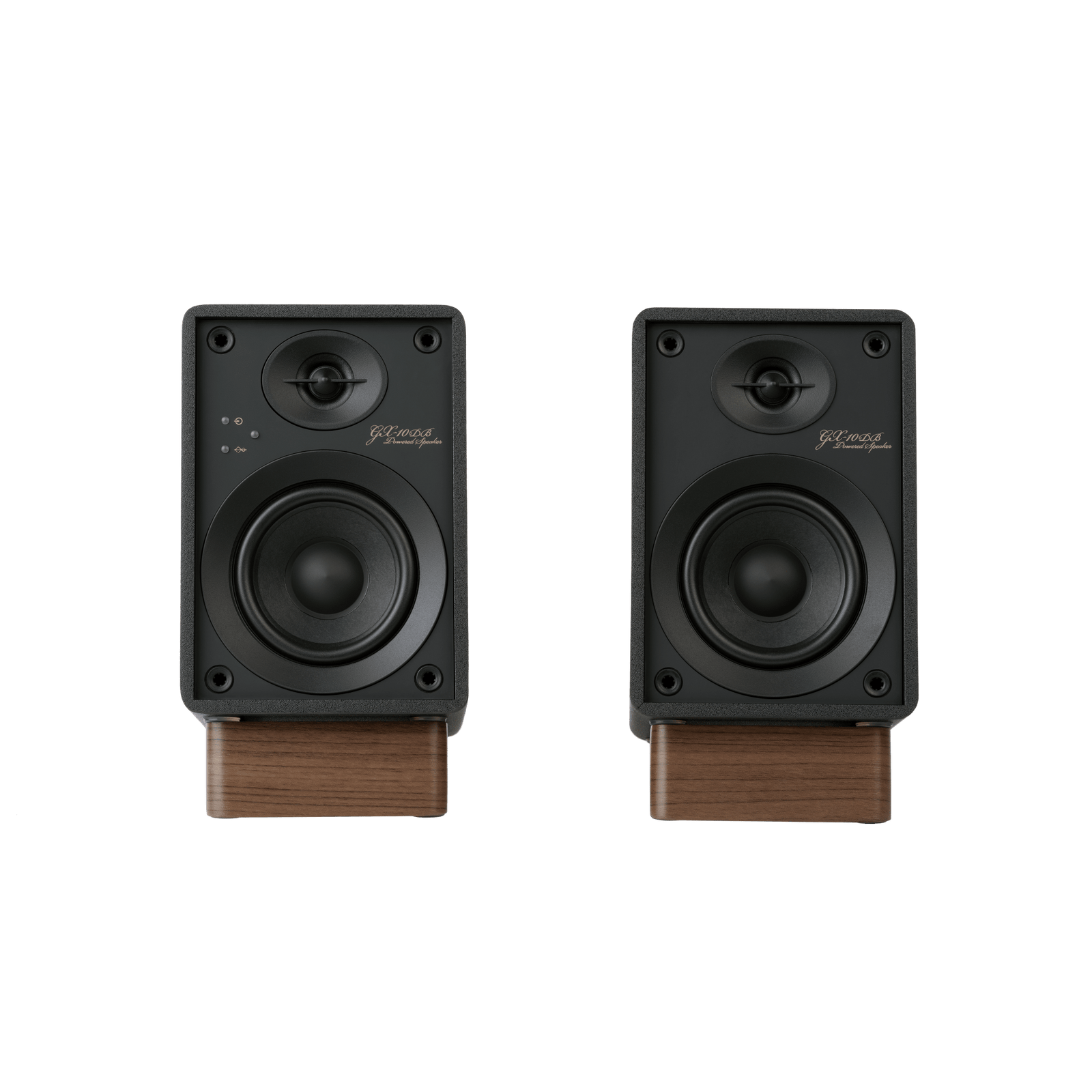 Onkyo GX-10DB Powered Speakers in Black pair.  Front view without grille