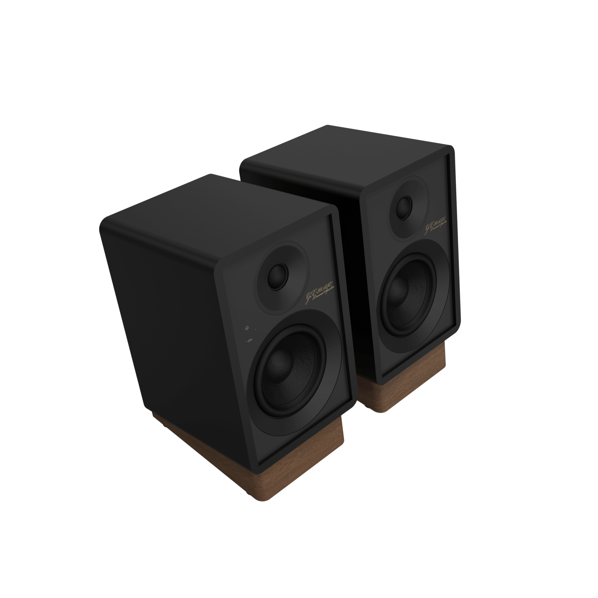 Onkyo GX-30ARC Powered Speakers in Black pair.  Angled without Grille