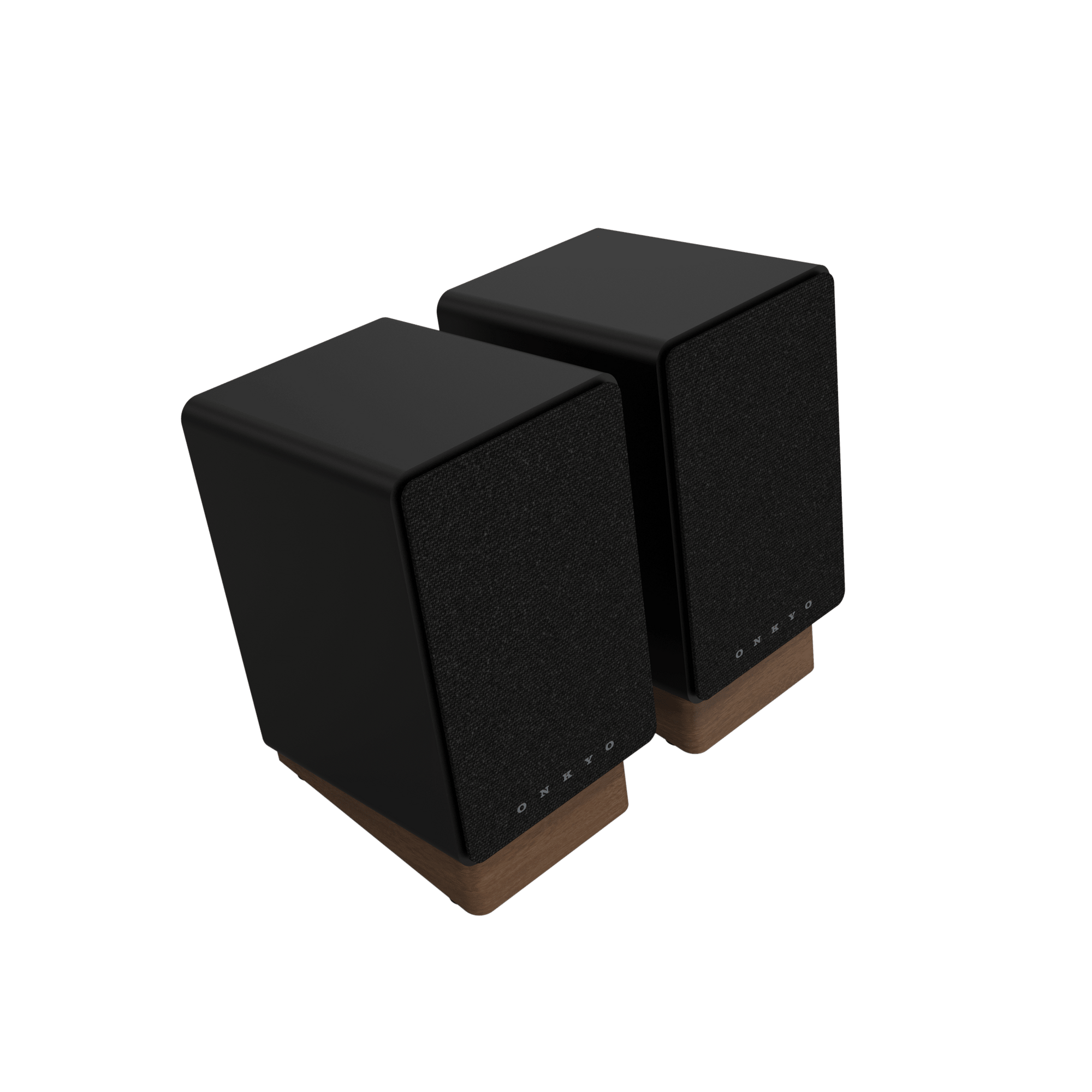 Onkyo GX-30ARC Powered Speakers in Black pair.  Angled with Grille