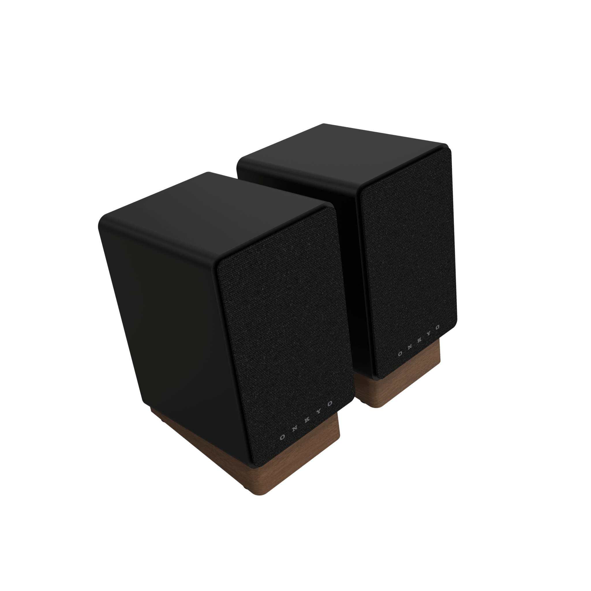 Onkyo GX-30ARC Powered Speakers in Black pair.  Angled with Grille