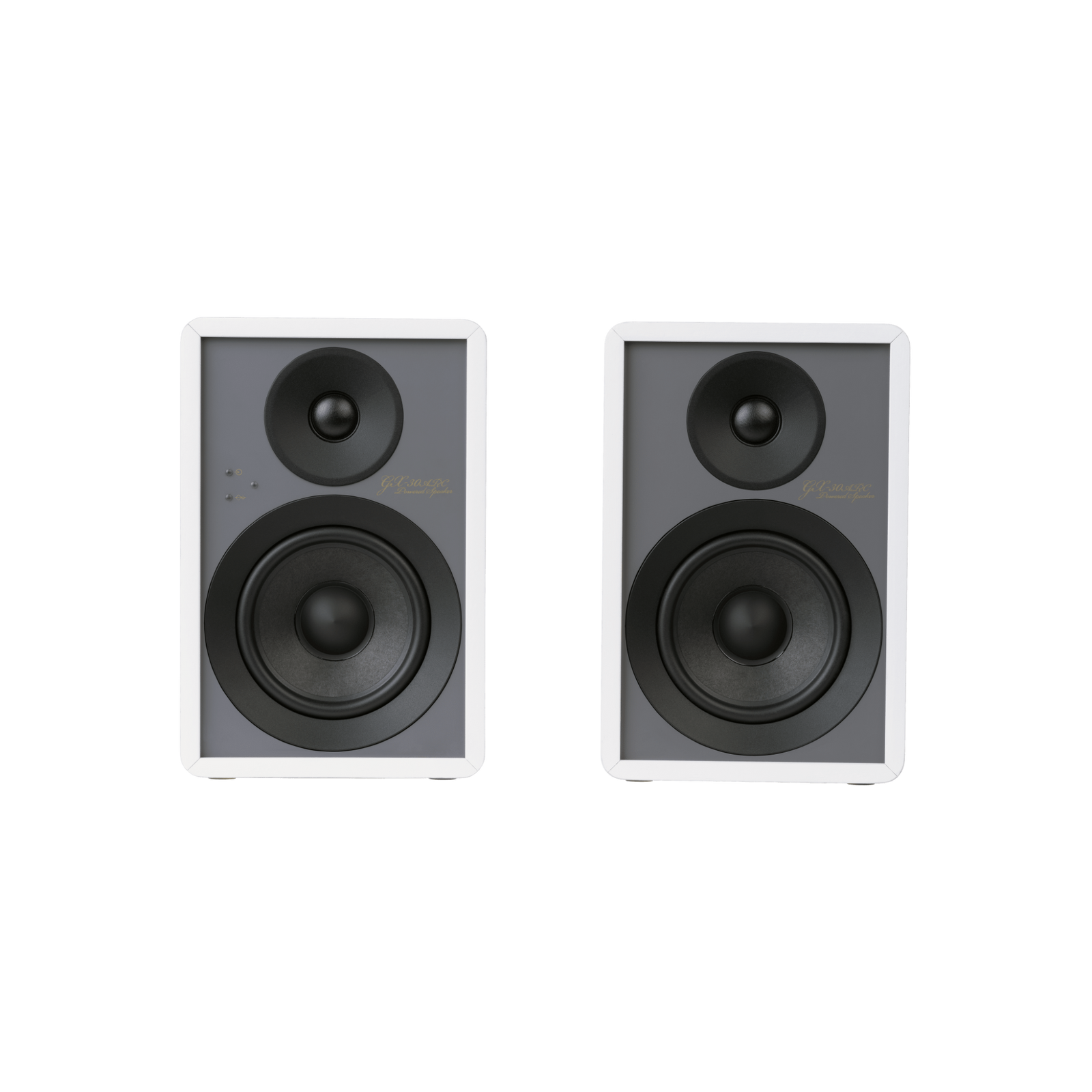 Onkyo GX-30ARC Powered Speakers in white pair.  Front without Grill or stand
