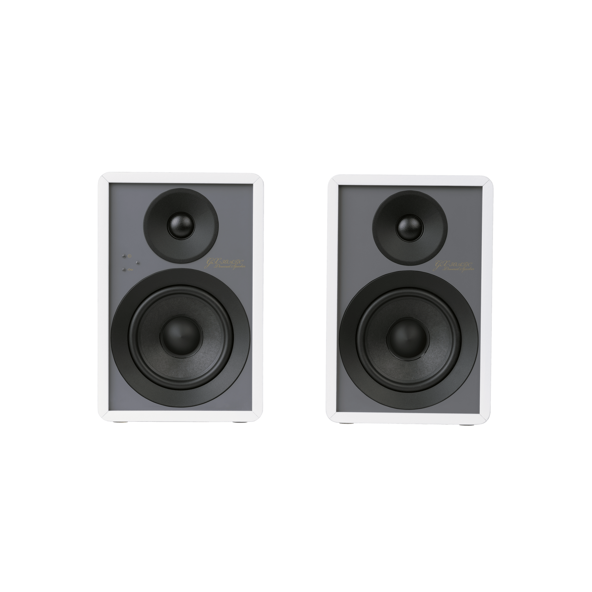 Onkyo GX-30ARC Powered Speakers in white pair.  Front without Grill or stand