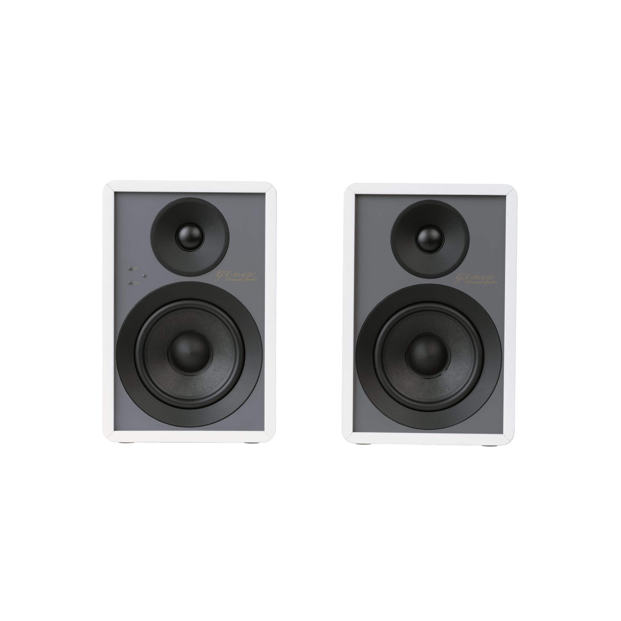 Onkyo GX-30ARC Powered Speakers in white pair.  Front without Grill or stand