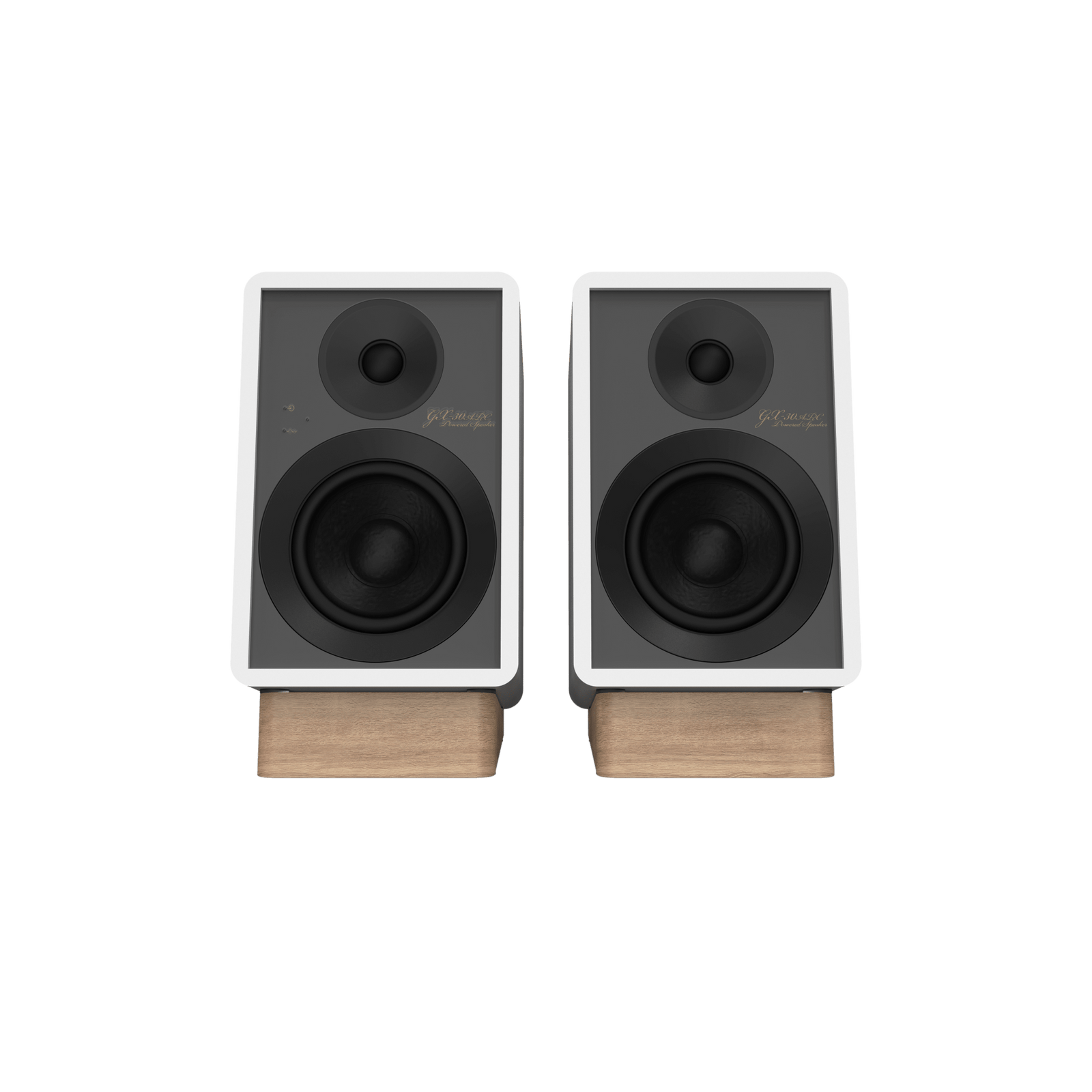Onkyo GX-30ARC Powered Speakers in white pair.  front no Grille