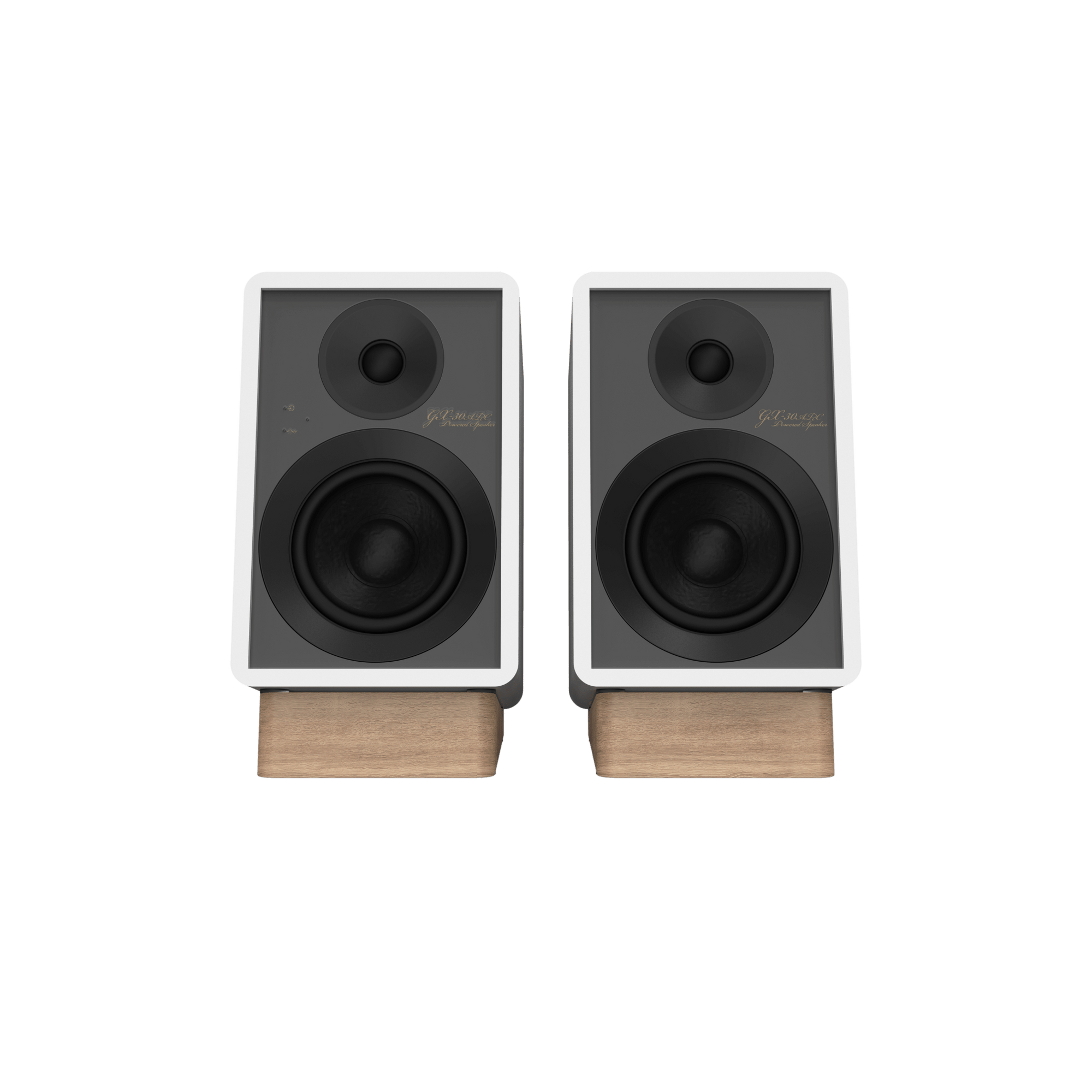 Onkyo GX-30ARC Powered Speakers in white pair.  front no Grille