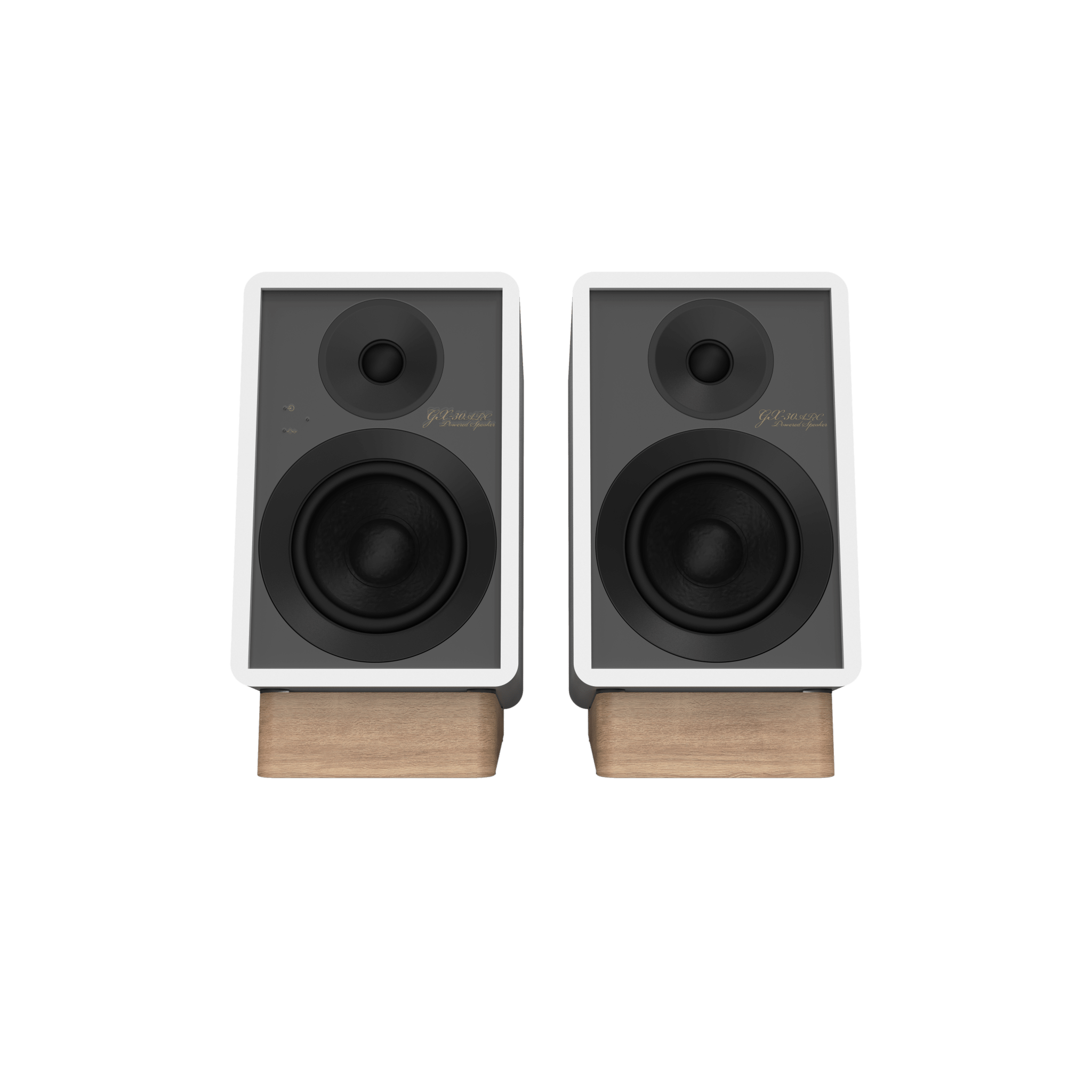 Onkyo GX-30ARC Powered Speakers in white pair.  front no Grille