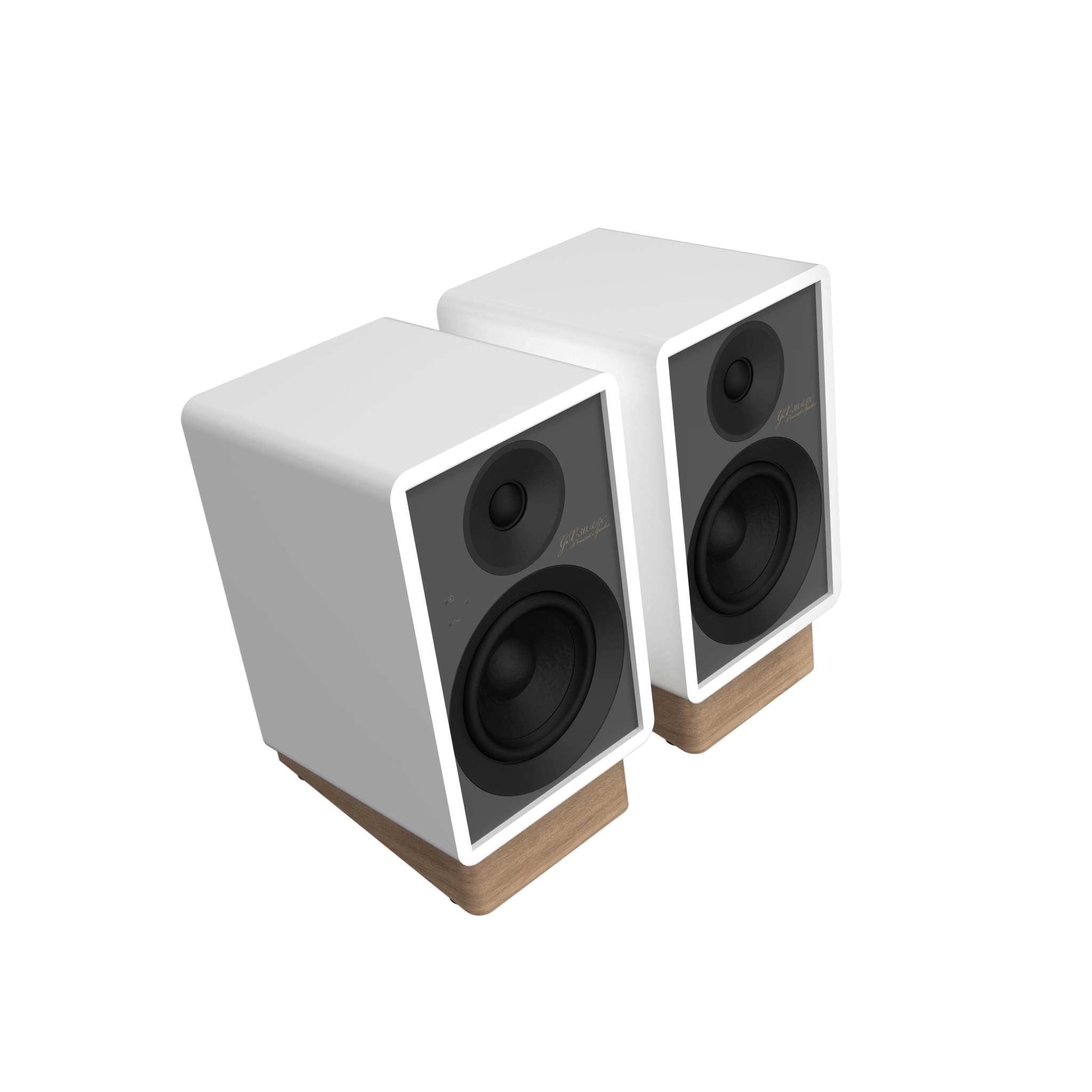 Onkyo GX-30ARC Powered Speakers in white pair.  Angled without Grille