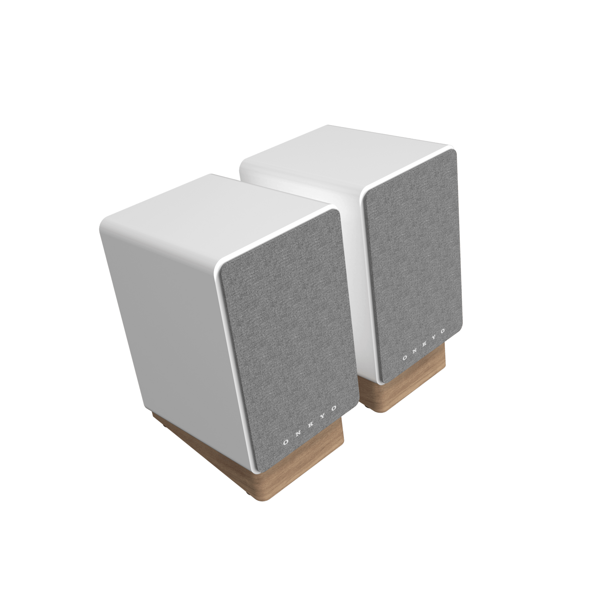 Onkyo GX-30ARC Powered Speakers in white pair.  Angled with Grille