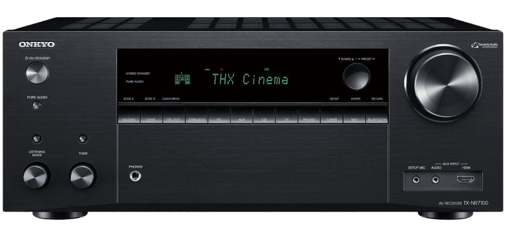 Onkyo TX-NR7100 9.2ch Atmos AV Receiver, front with THX Cinema on Screen